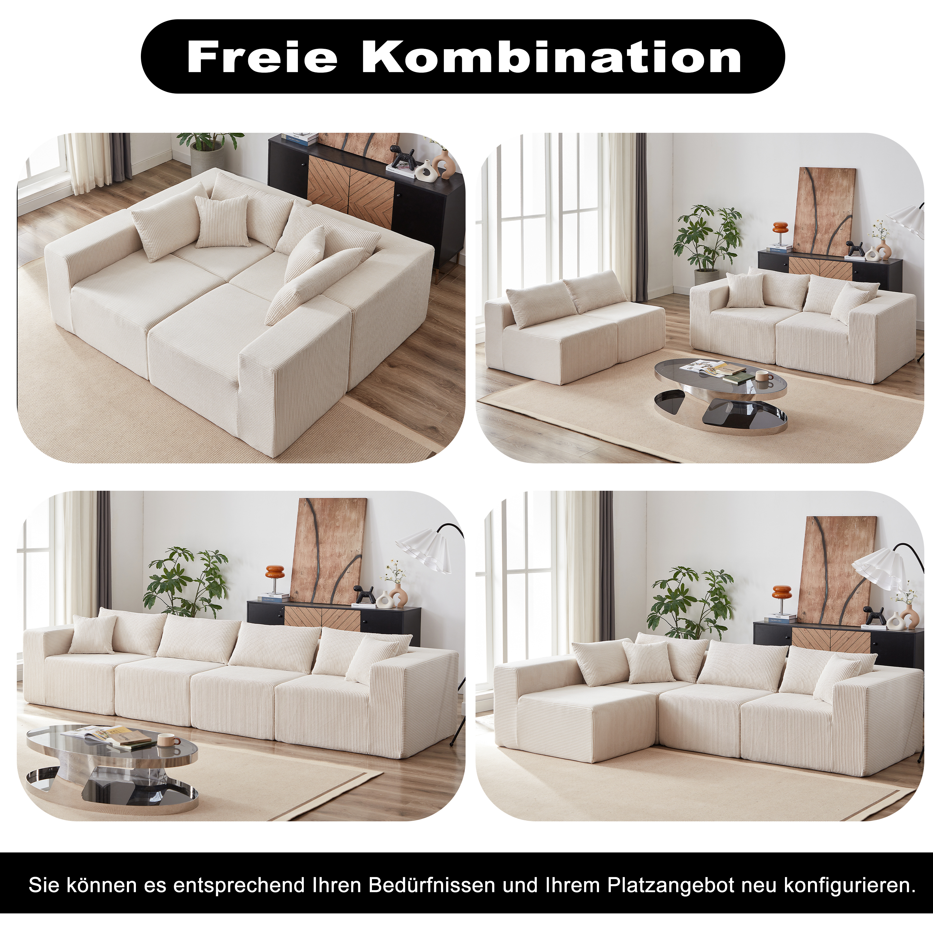 Canapé modulable beige en velours côtelé