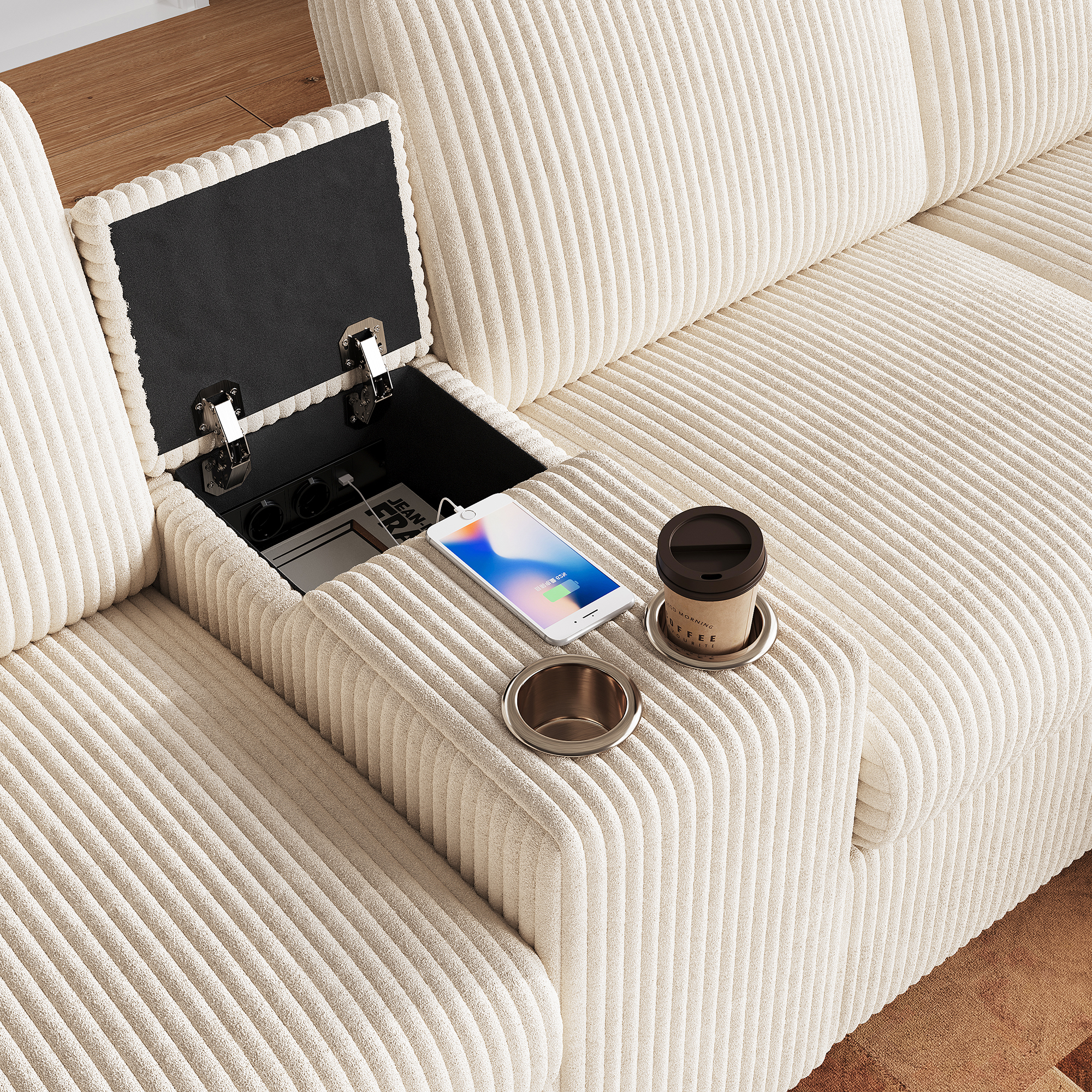 Canapé en U 4 places 315x135x81 cm avec USB Type-C, prises, rangements en velours côtelé beige - vue complémentaire 1