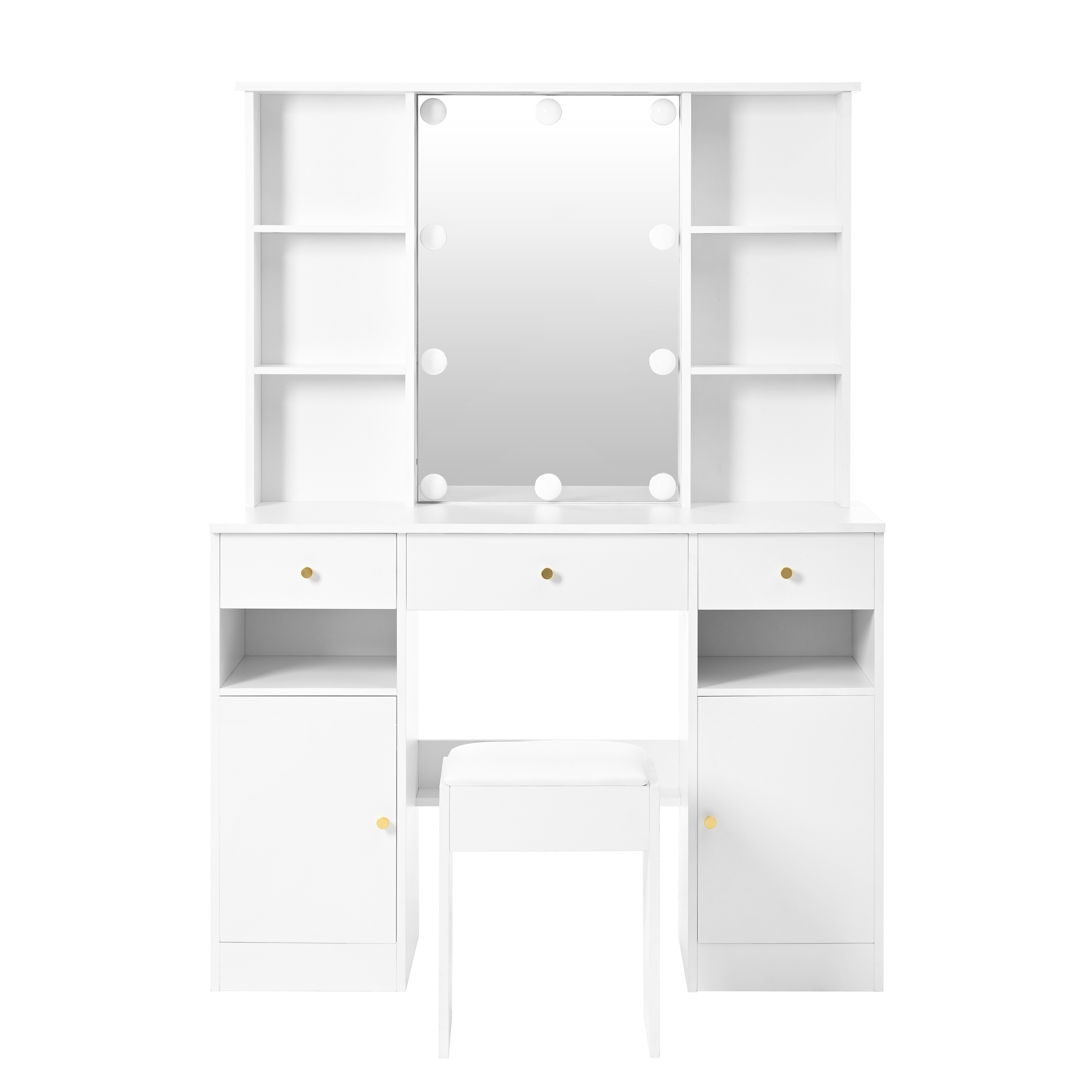 Coiffeuse Hollywood avec 10 ampoules LED 3 températures, miroir 45×60 cm, 4 étagères ouvertes, 3 tiroirs, 2 portes, beaucoup de rangement, bois résistant, pour maquillage et coiffure à domicile - image 2