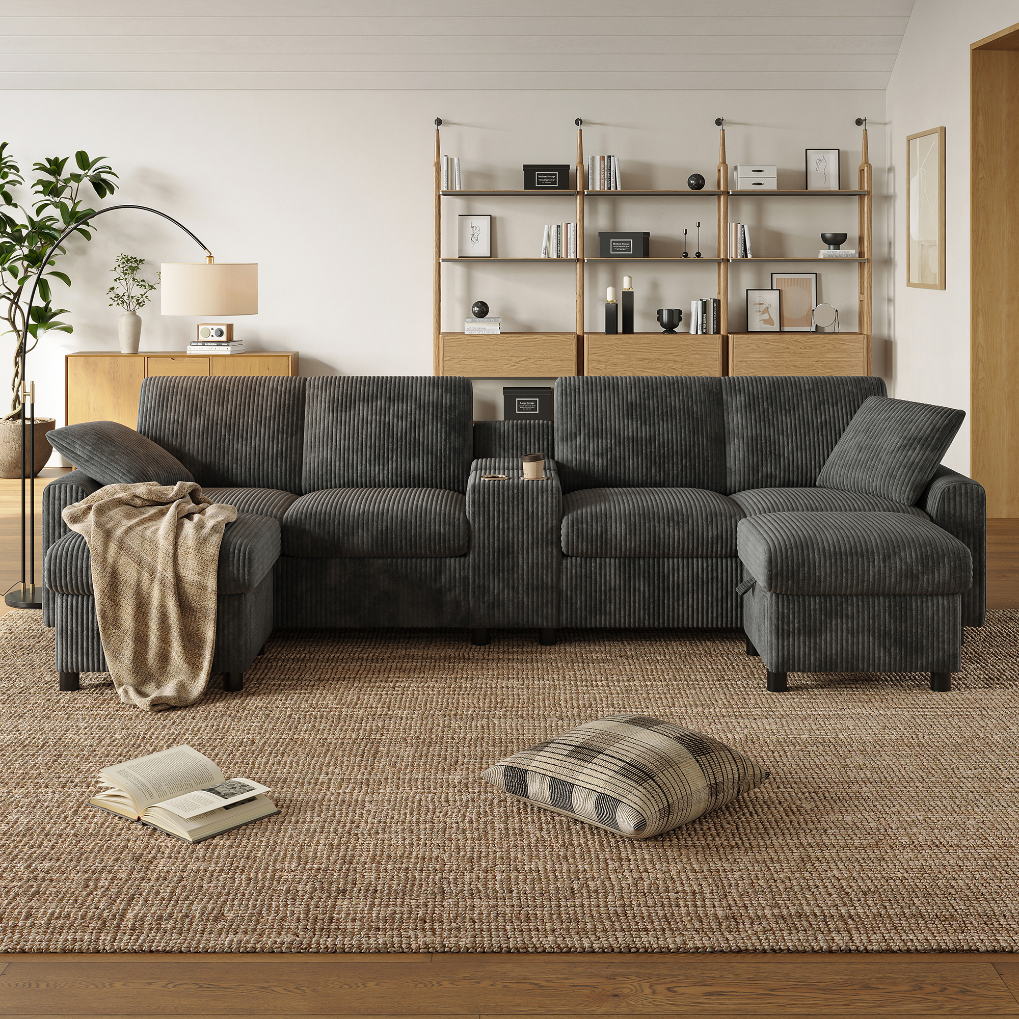 Canapé en U en velours côtelé avec deux poufs et console - vue 1