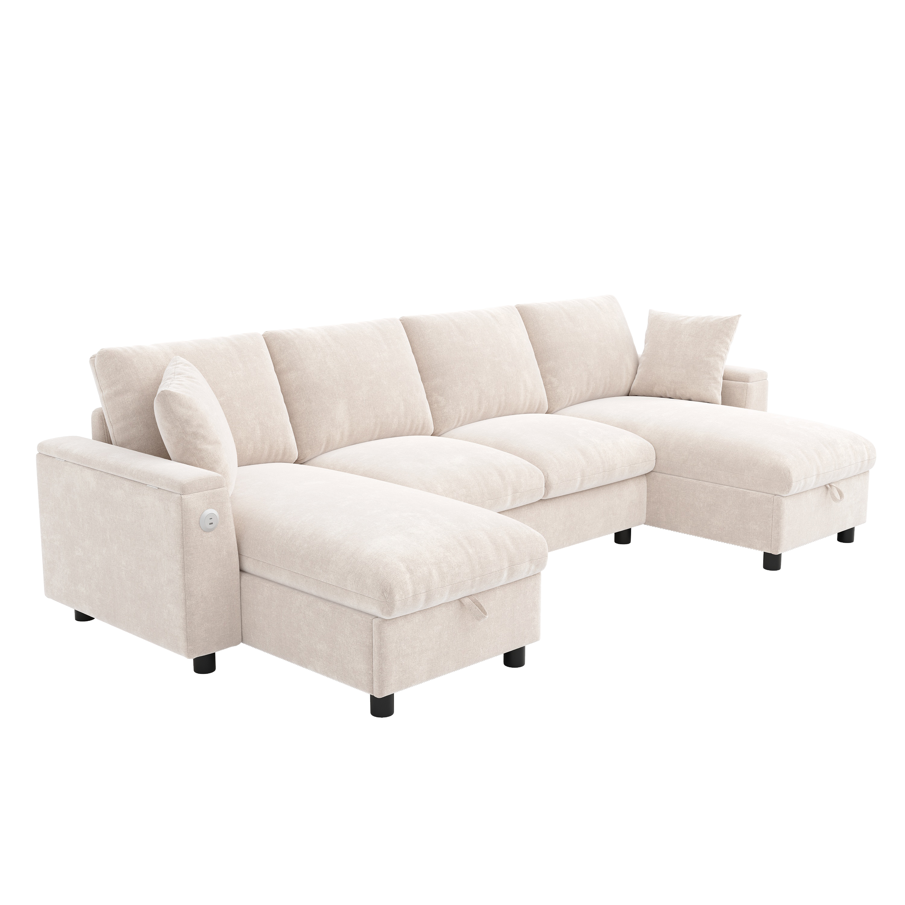 Détail canapé chenille beige avec rangement