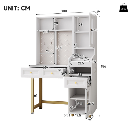 Dimensions de la coiffeuse bureau blanche avec rangements