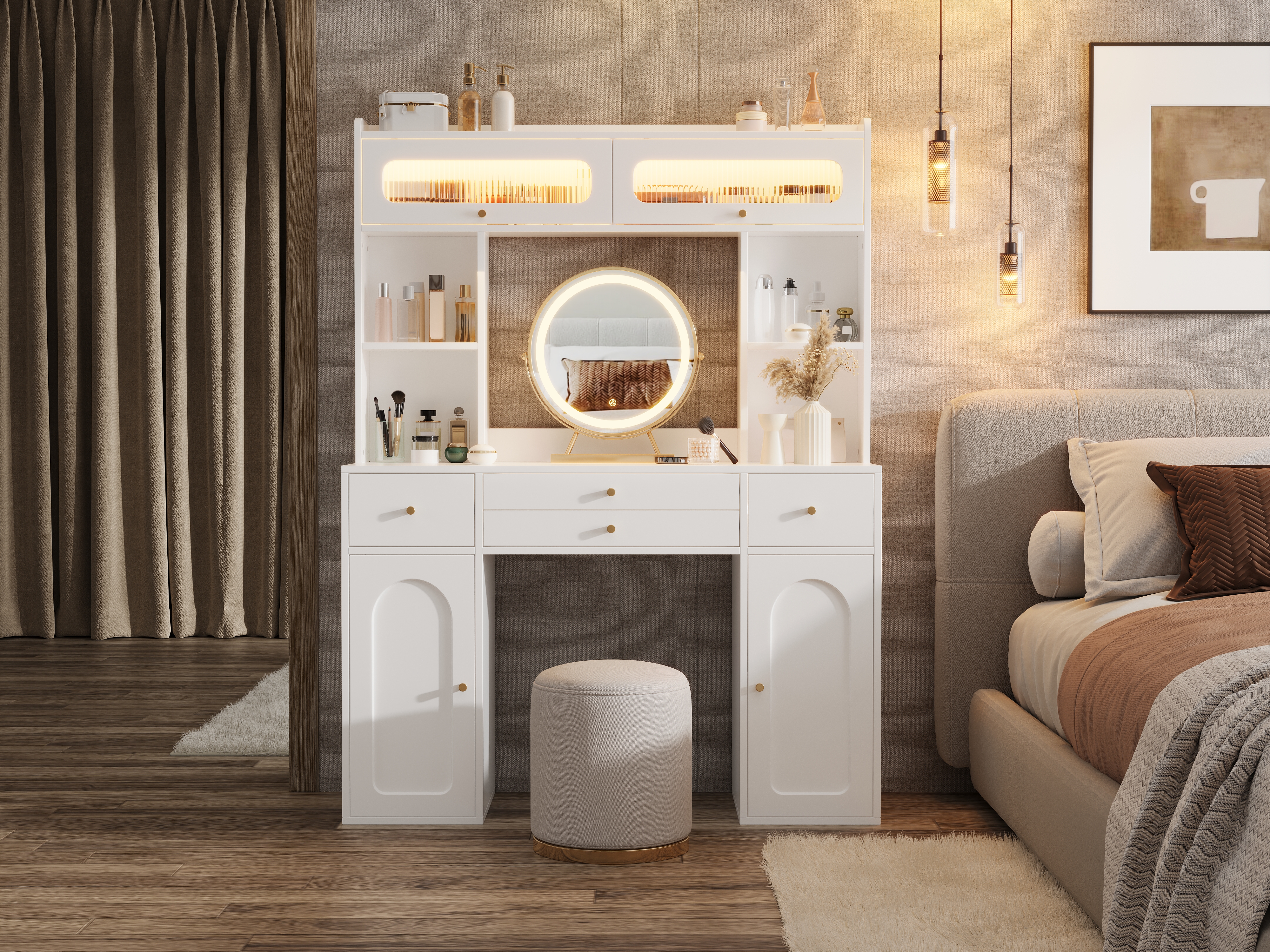 Coiffeuse, rangement intégré, avec tiroirs, éclairage led, 120 x 40 x 160 cm, verre et MDF, blanc - vue 3