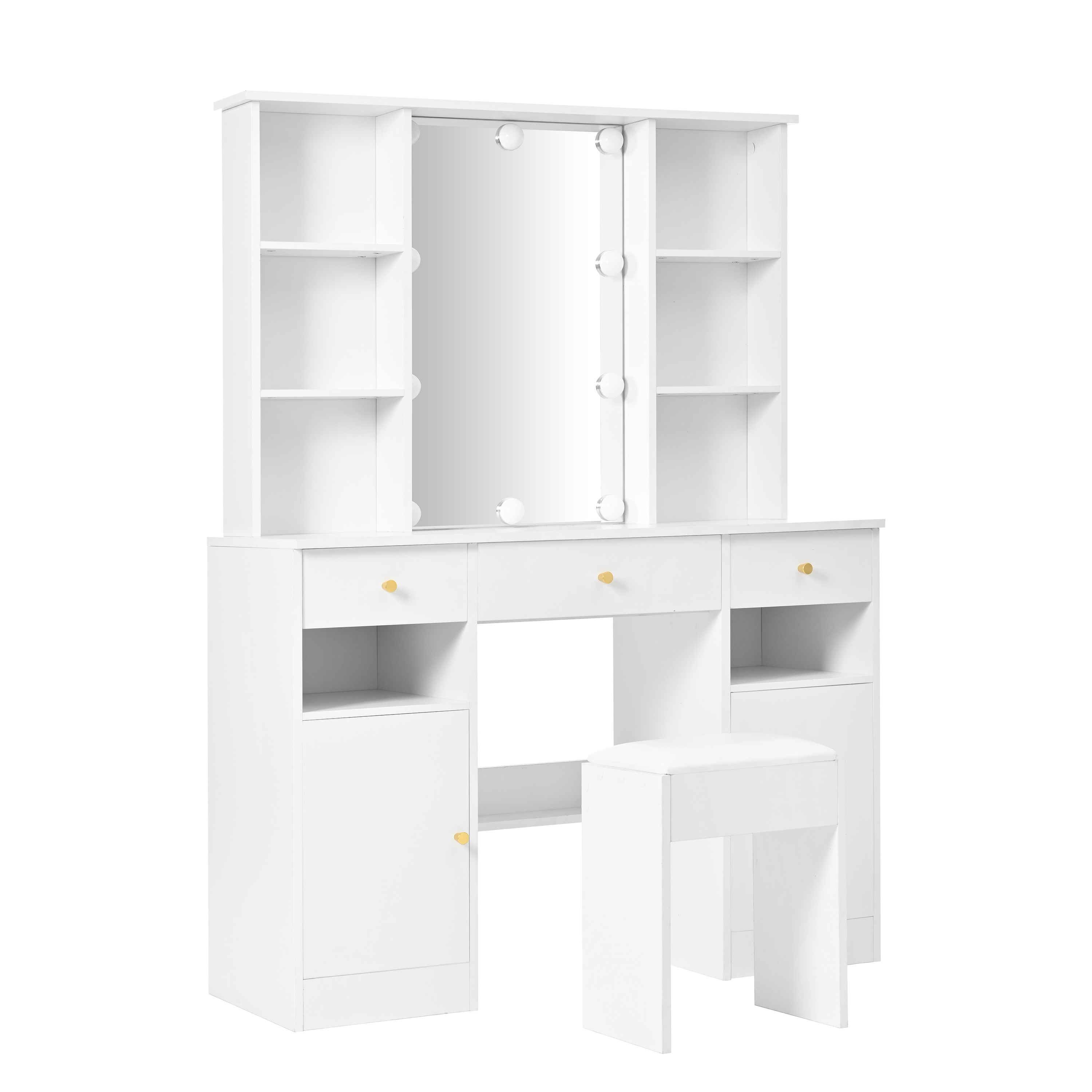 Coiffeuse Hollywood avec 10 ampoules LED 3 températures, miroir 45×60 cm, 4 étagères ouvertes, 3 tiroirs, 2 portes, beaucoup de rangement, bois résistant, pour maquillage et coiffure à domicile - image 3