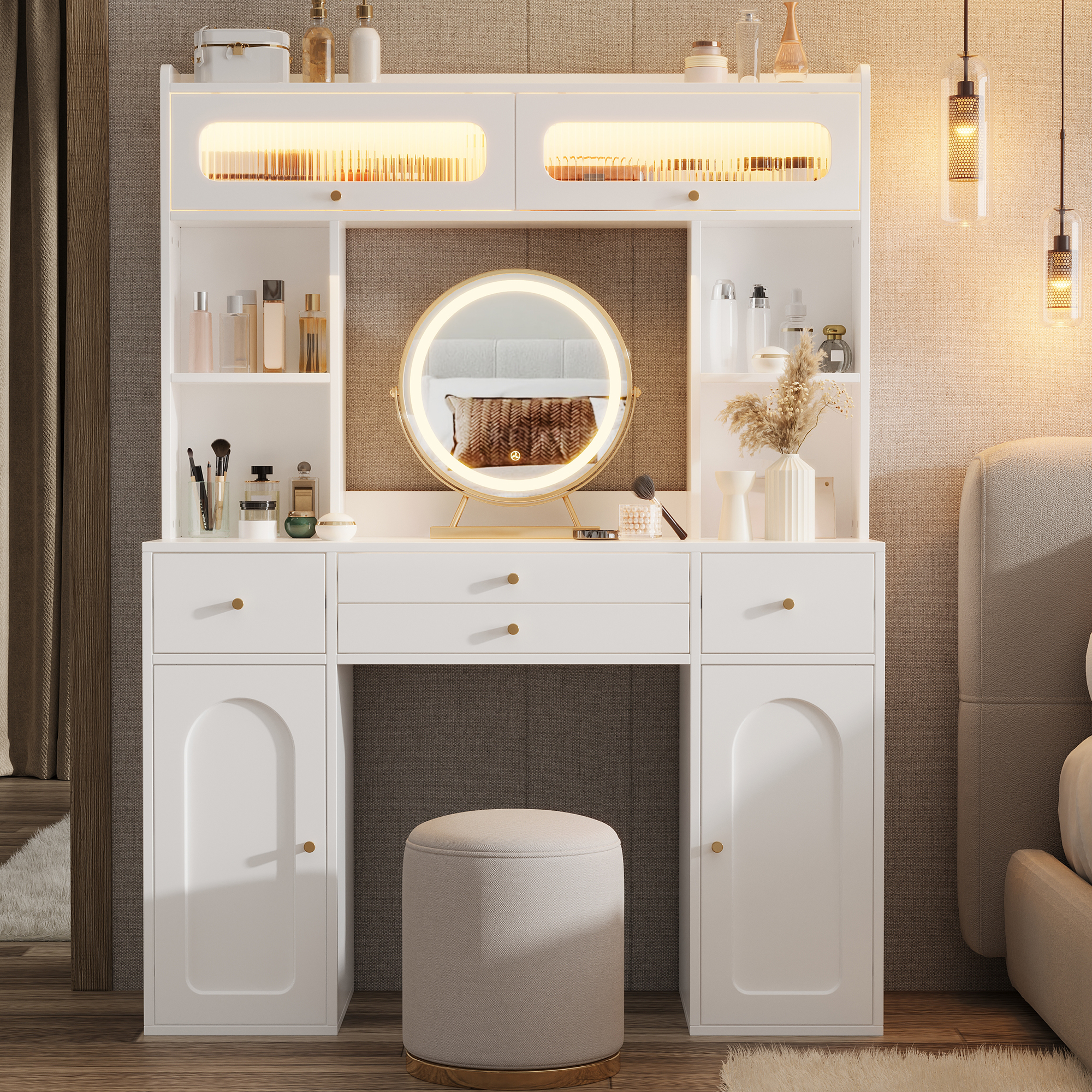 Coiffeuse, rangement intégré, avec tiroirs, éclairage led, 120 x 40 x 160 cm, verre et MDF, blanc - vue 2