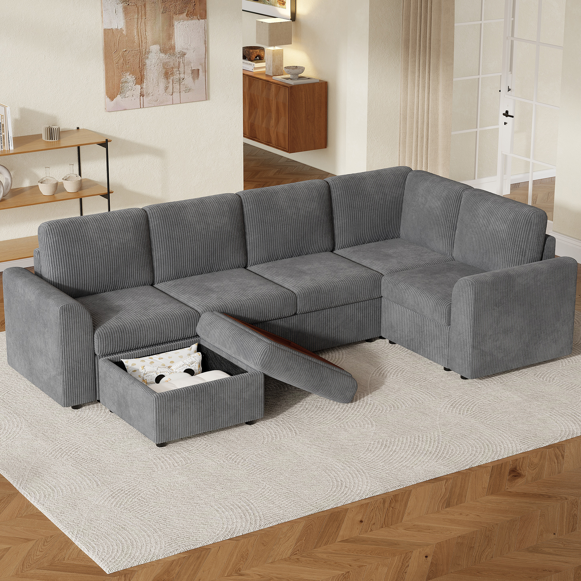 Canapé angle L 6 places gris velours côtelé pouf rangement