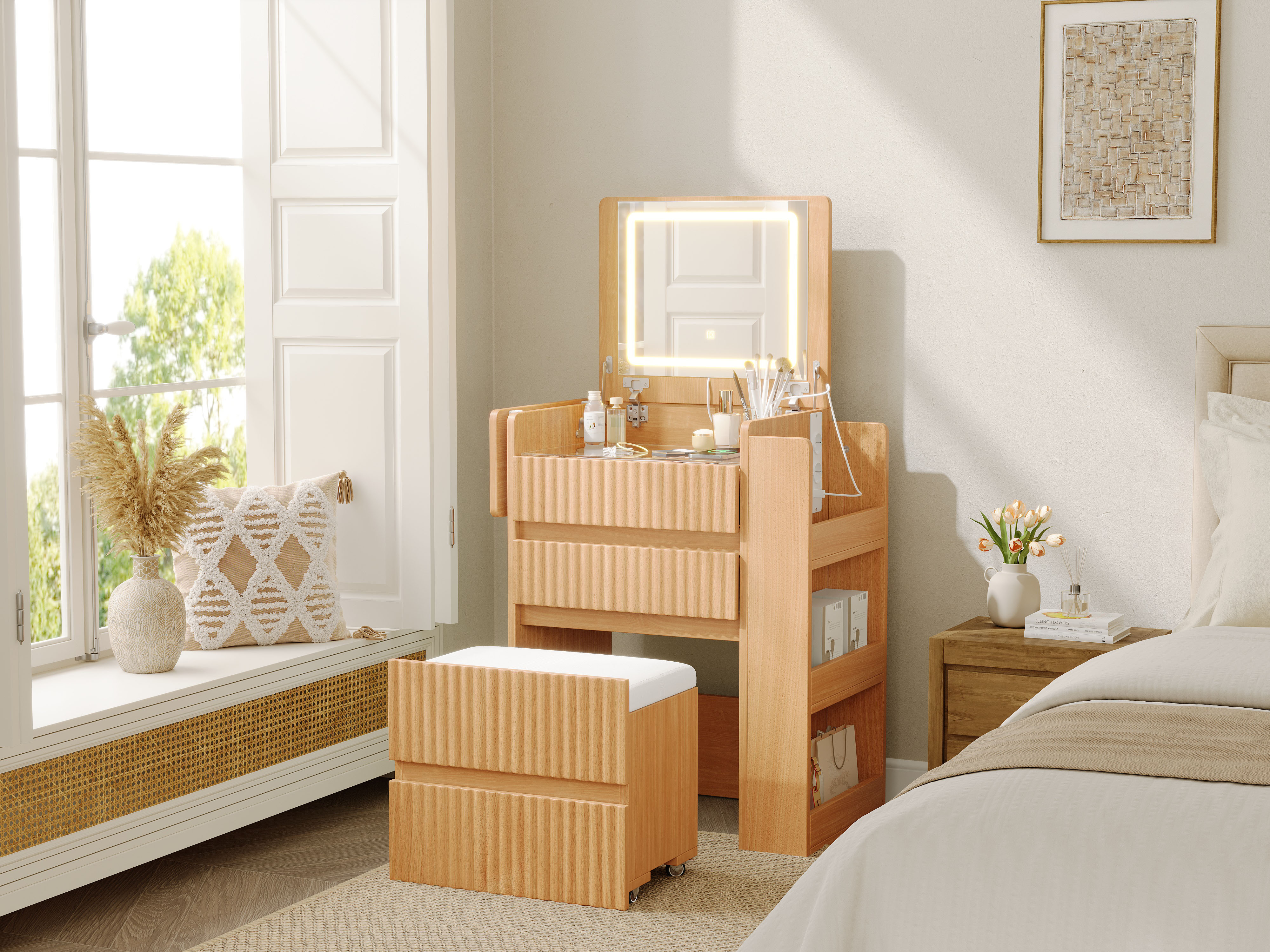 Tabouret rembourré avec roulettes