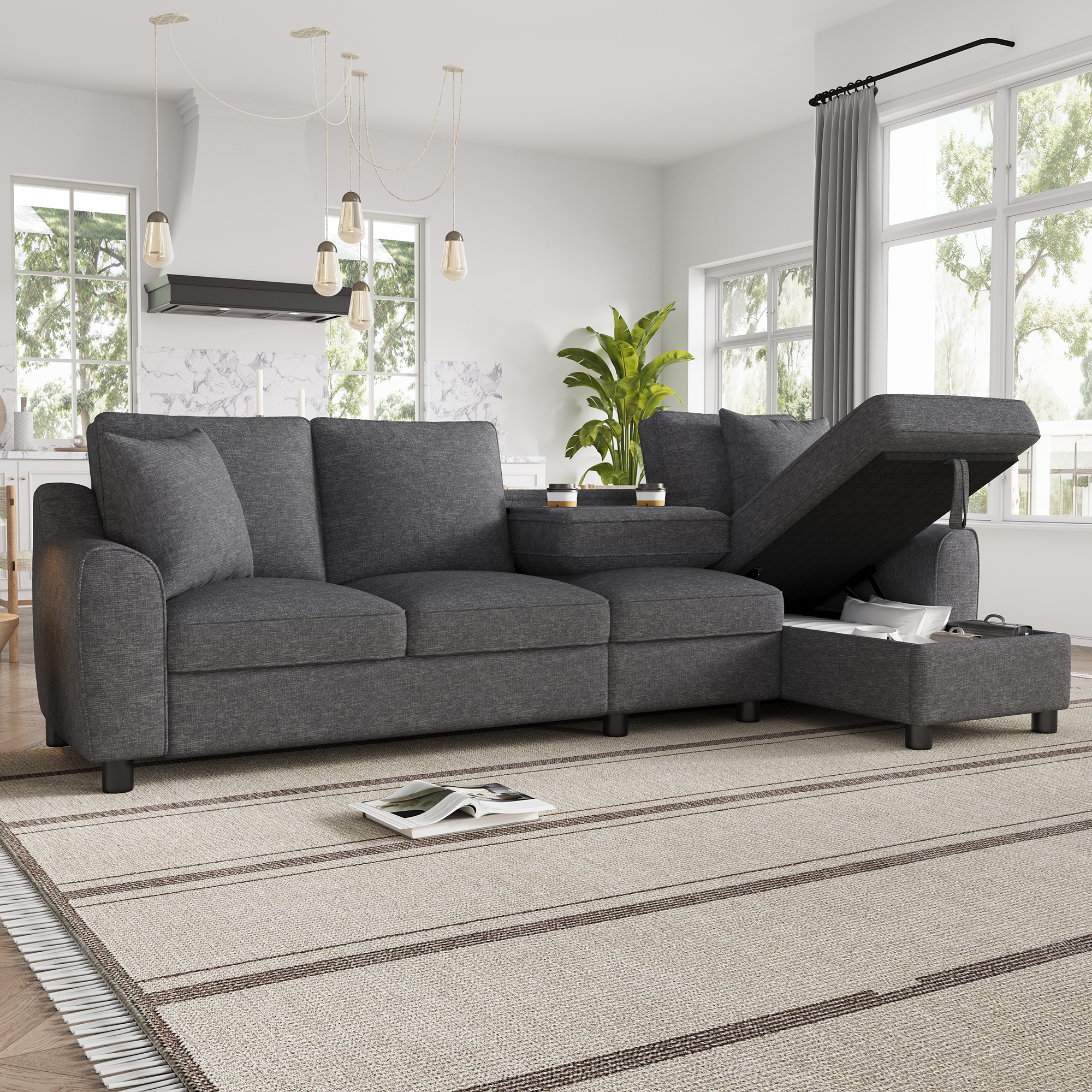 Modernes Tissu L-Form Sofa 3-Sitzer + Chaiselon