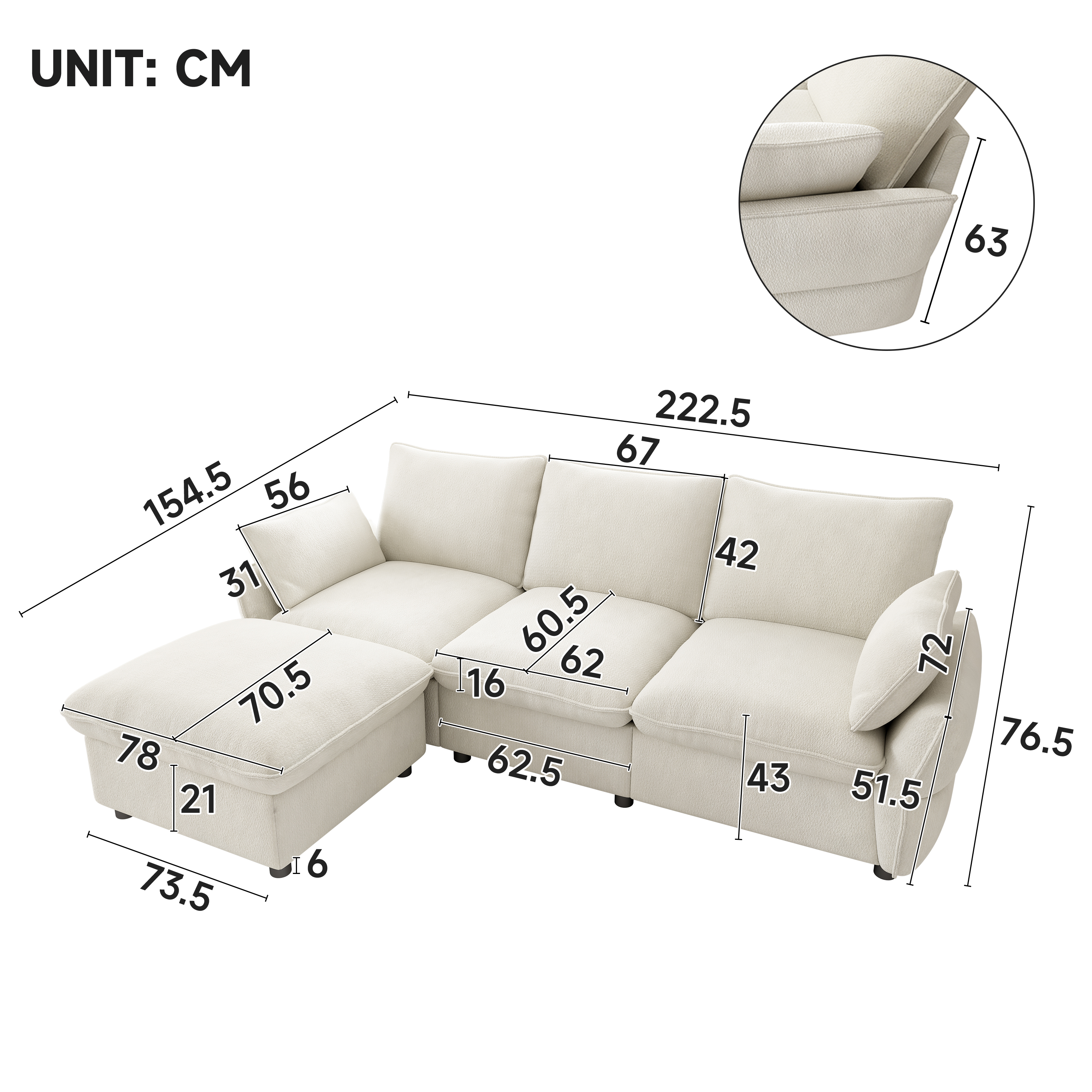 Canapé d’angle en L 3 places en chenille avec pouf, Beige, 222,5 x 154,5 x 76,5 cm - vue complémentaire 1