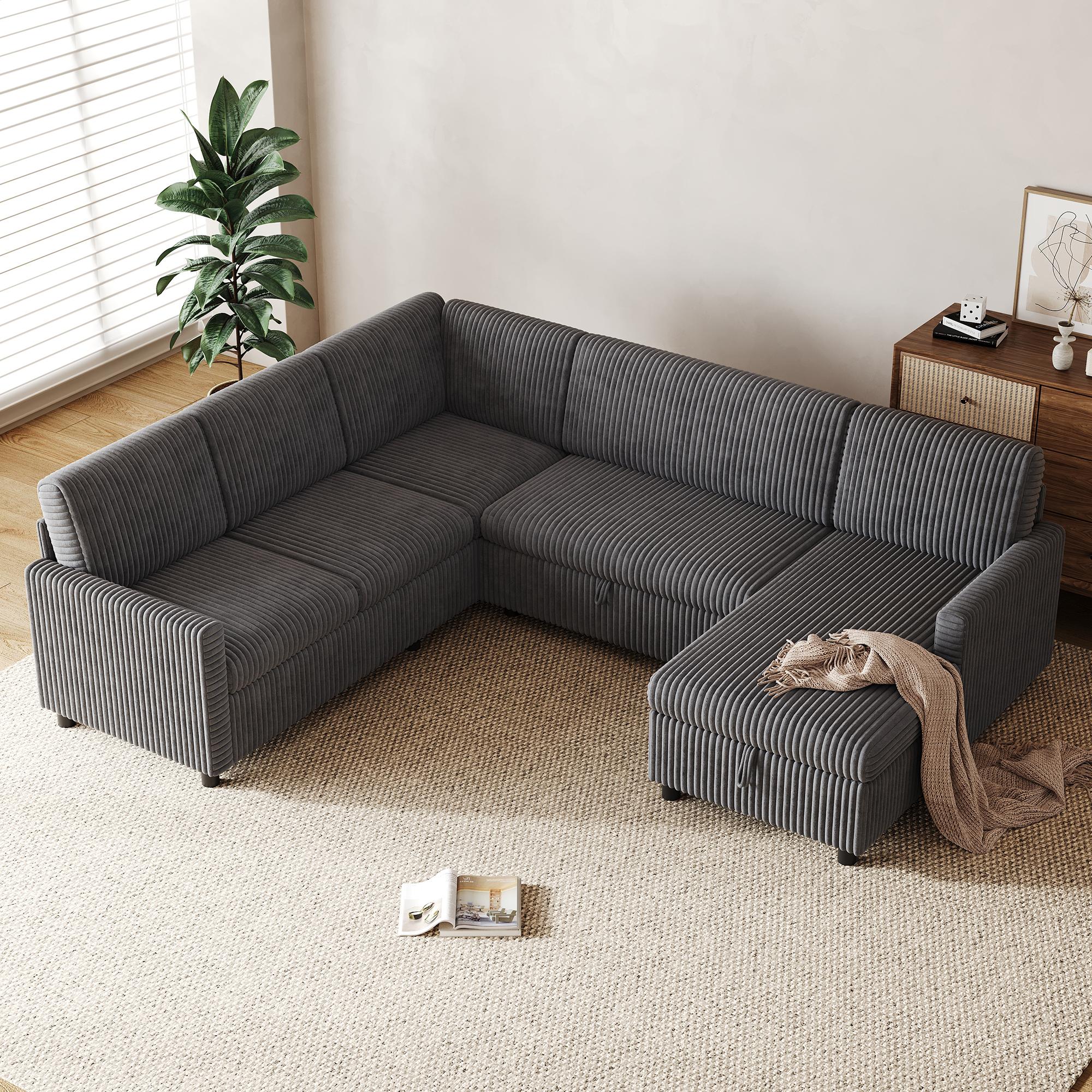 Canapé-lit d'angle en U en velours côtelé avec rangement - vue 5