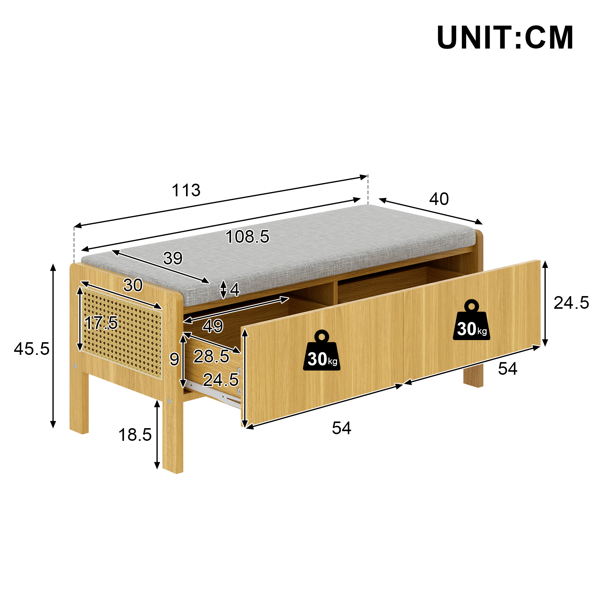 Banc coffre, avec tiroirs, détails en rotin, 113 x 40 x 45,5 cm, rotin et MDF, bois naturel - vue 3