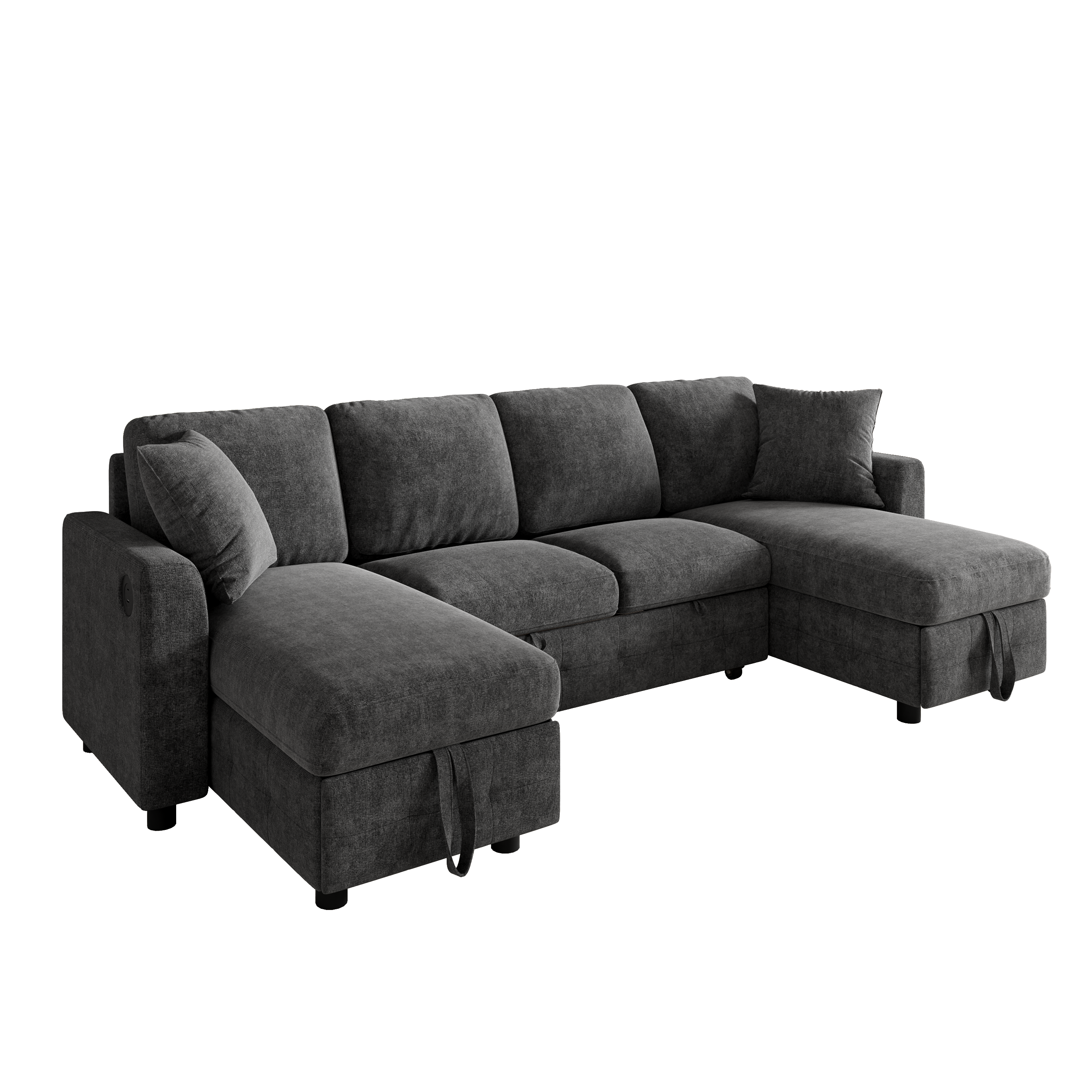 Canapé d’angle convertible en U 4 places en chenille avec rangement, USB/Type-C et porte-gobelets, Gris foncé, 260 x 128 x 82 cm - présentation 1