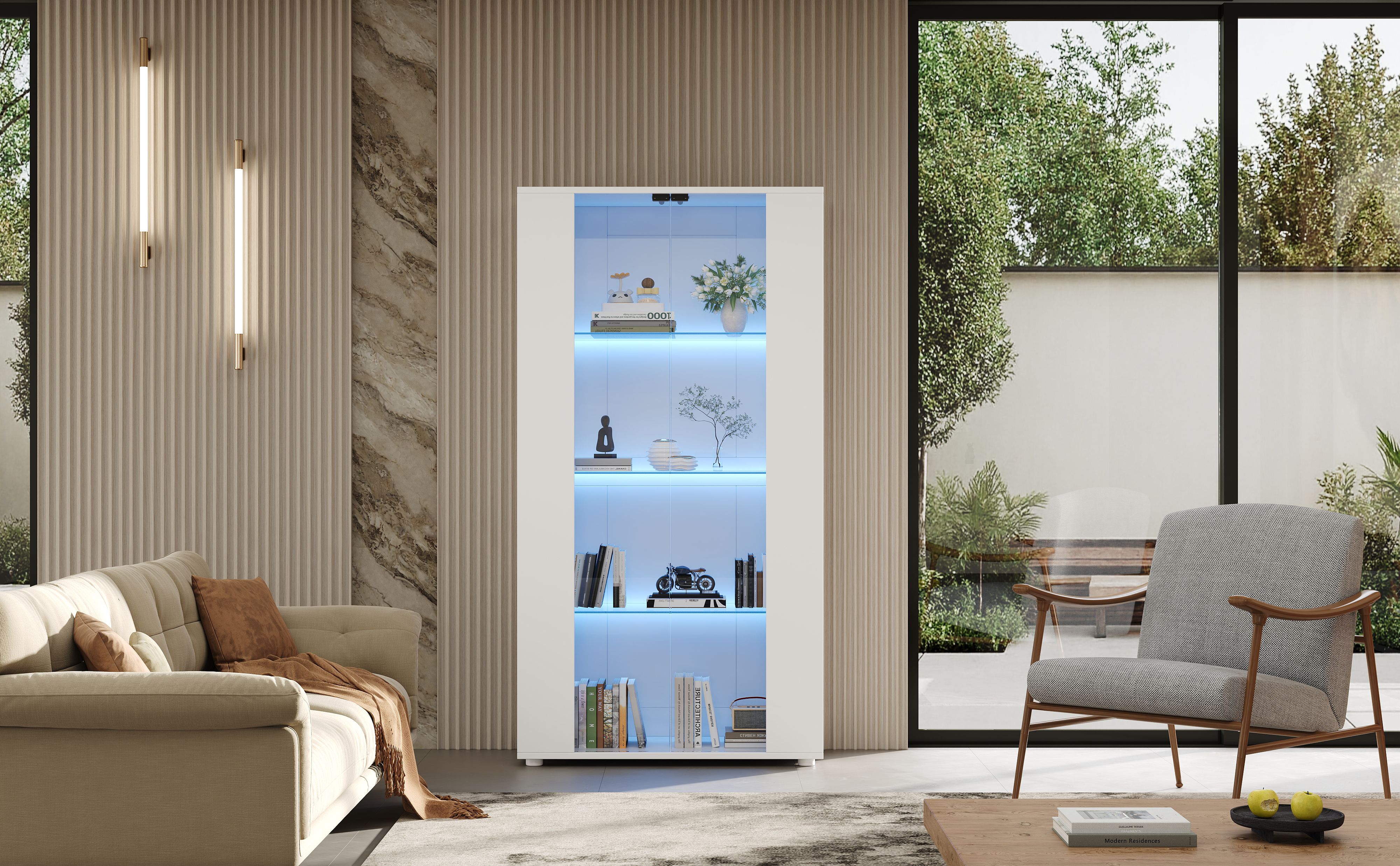 Vitrine, éclairage led, éléments en verre, 80 x 36 x 150 cm, panneaux de particules et verre, blanc - vue 5