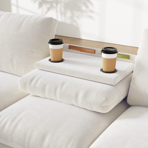 Canapé d’angle beige avec tablette rabattable intégrée