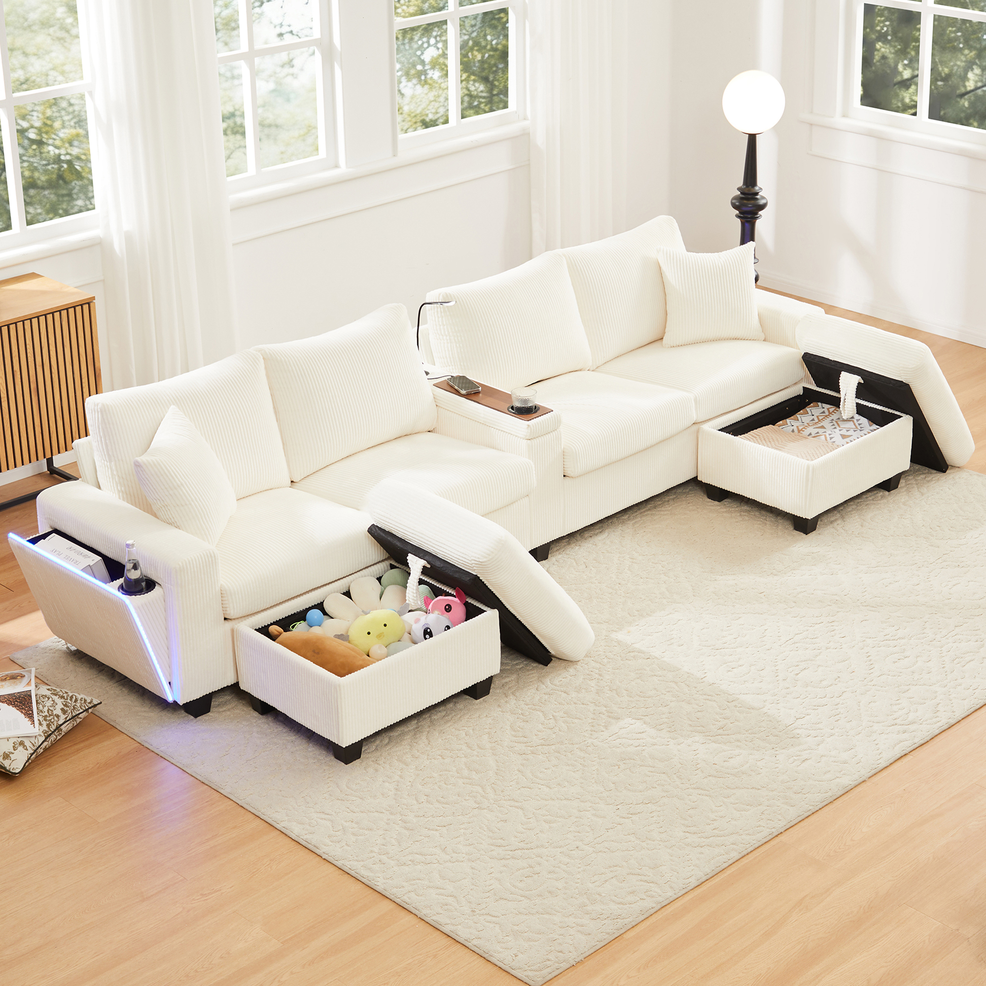 Canapé en U 4 places 334x128,5x81 cm avec LED, USB Type-C, rangements en velours côtelé beige - présentation 1