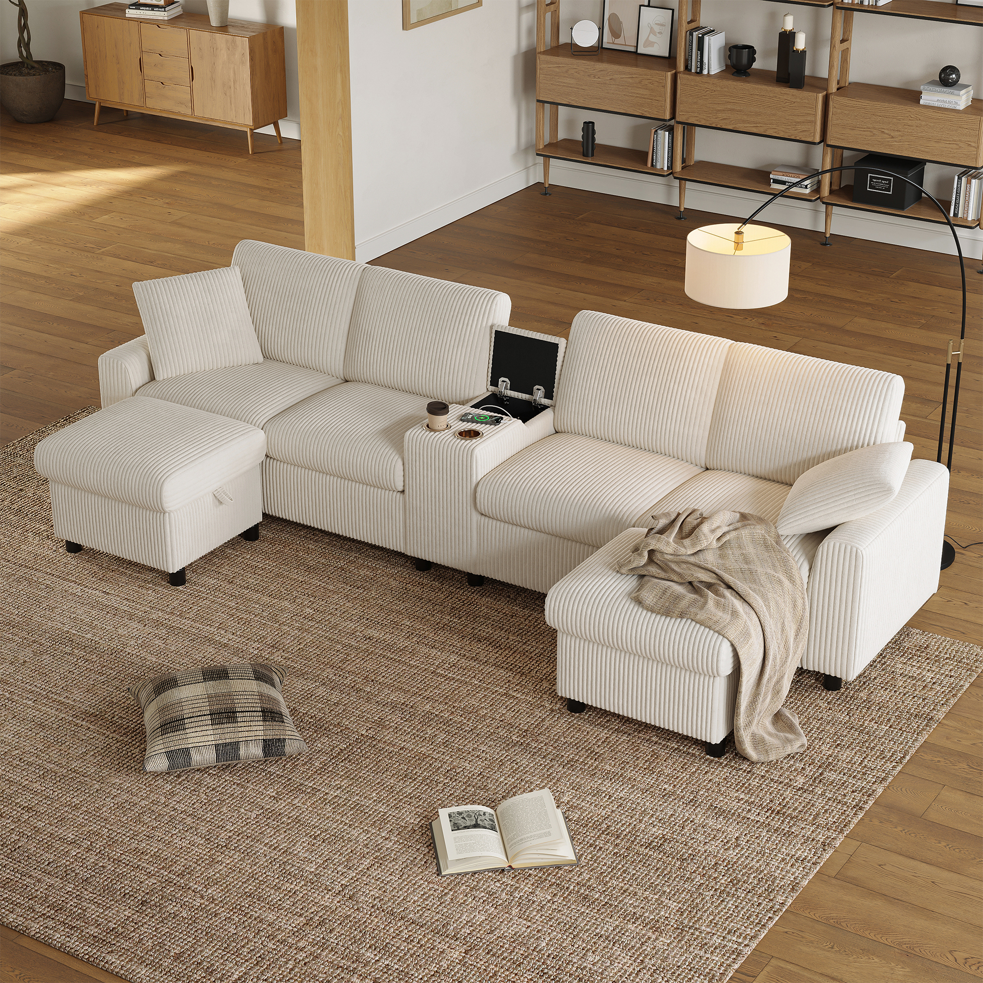 Canapé en U en velours côtelé avec deux poufs et console - vue 5