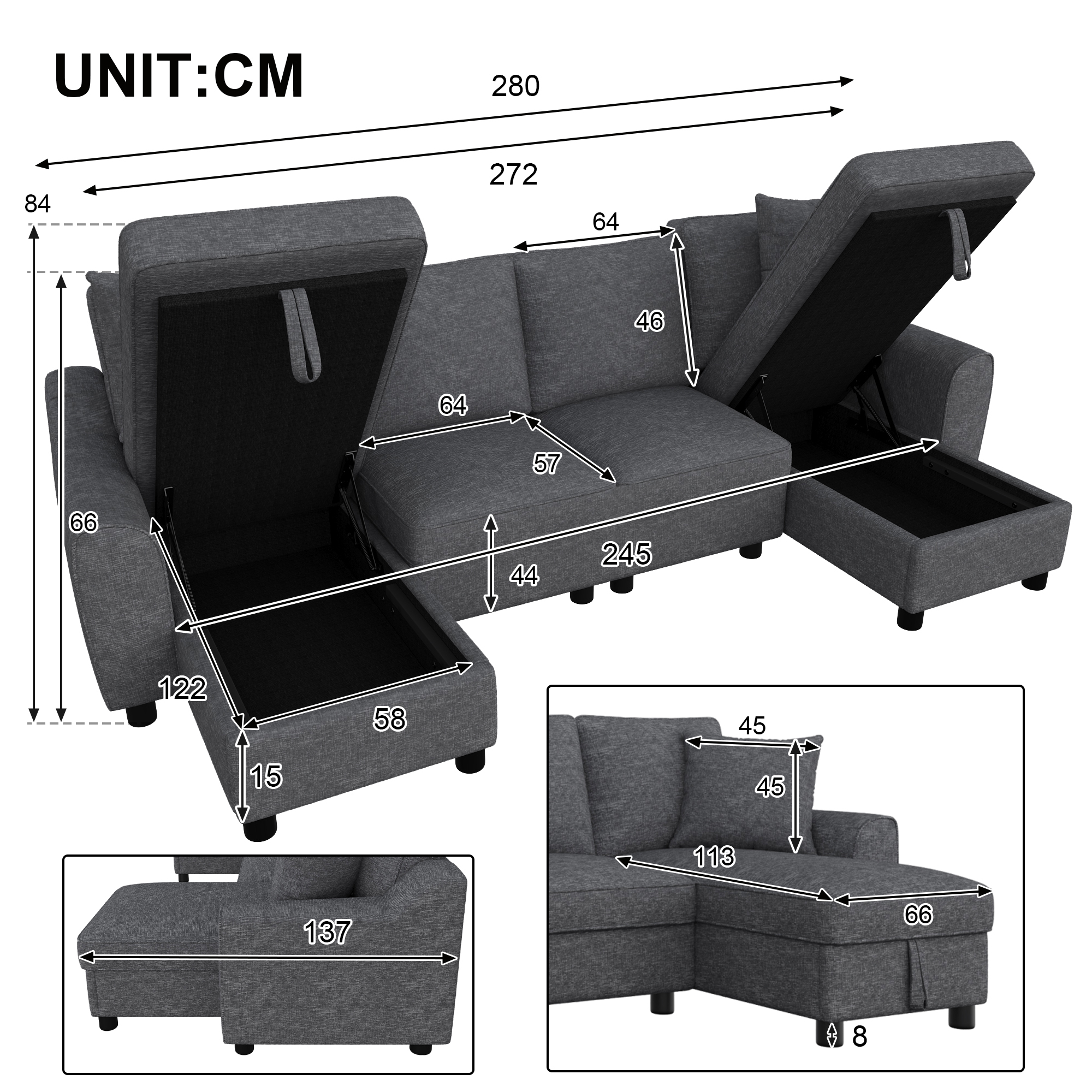 Modernes Tissu U-Form Sofa, 2-Sitzer mit zwei C