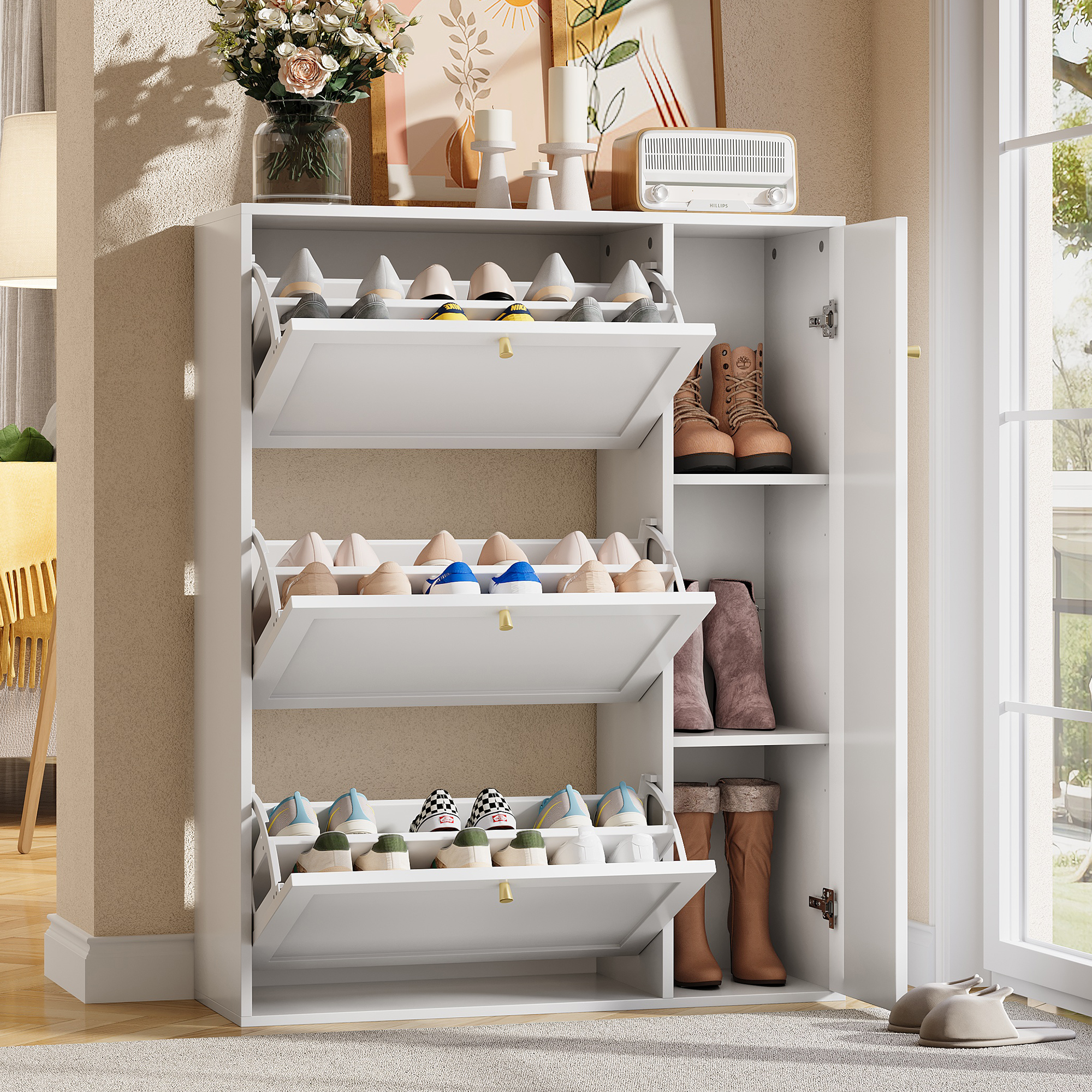 Schuhschrank mit 3 Klappen und 1 Tür, Schuhkipper 