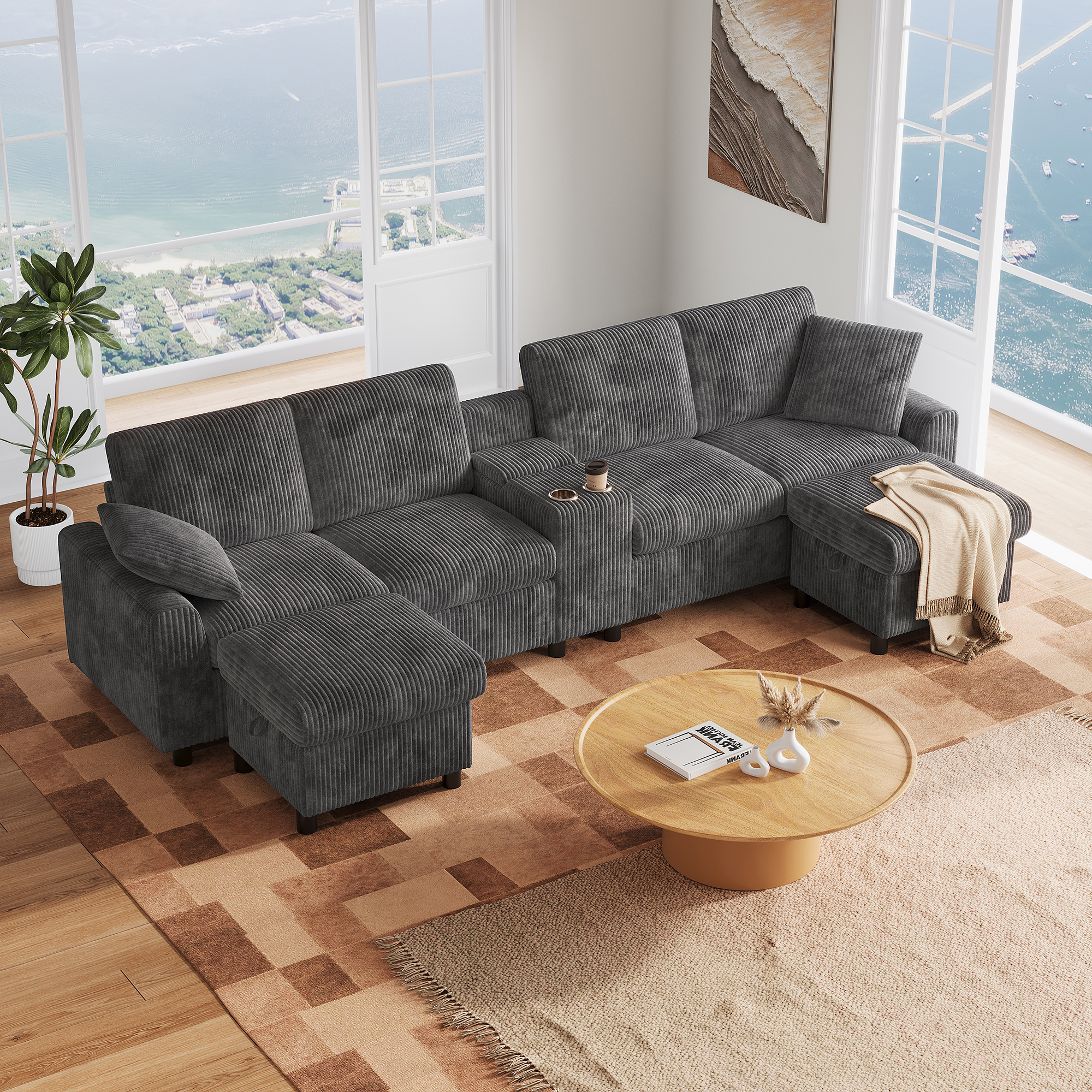 Canapé en U 4 places 315x135x81 cm avec USB Type-C, prises, rangements en velours côtelé gris - présentation 1