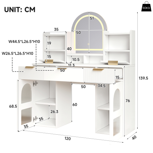 Dimensions de la coiffeuse blanche avec miroir LED