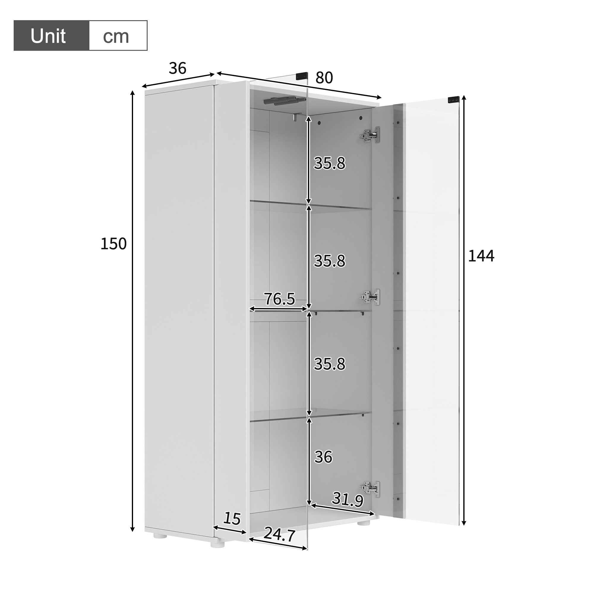 Vitrine, éclairage led, éléments en verre, 80 x 36 x 150 cm, panneaux de particules et verre, blanc - vue 1