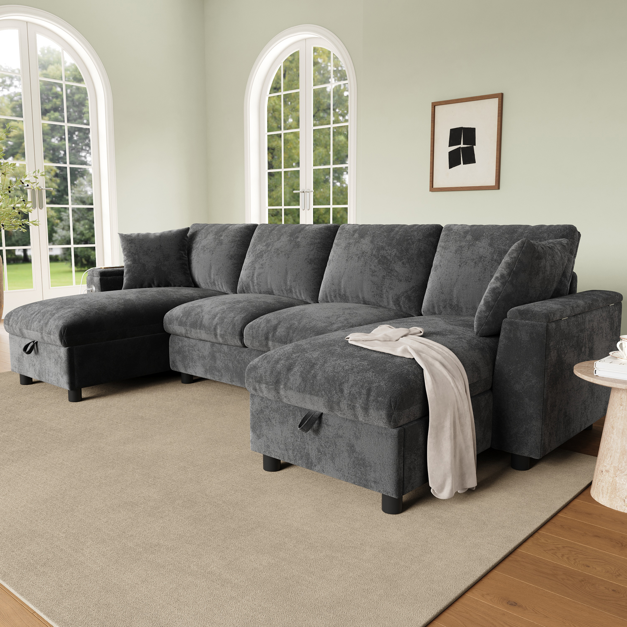Canapé en U en chenille avec rangements, USB et USB-C - vue 3