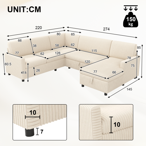Dimensions du canapé d’angle convertible en U beige