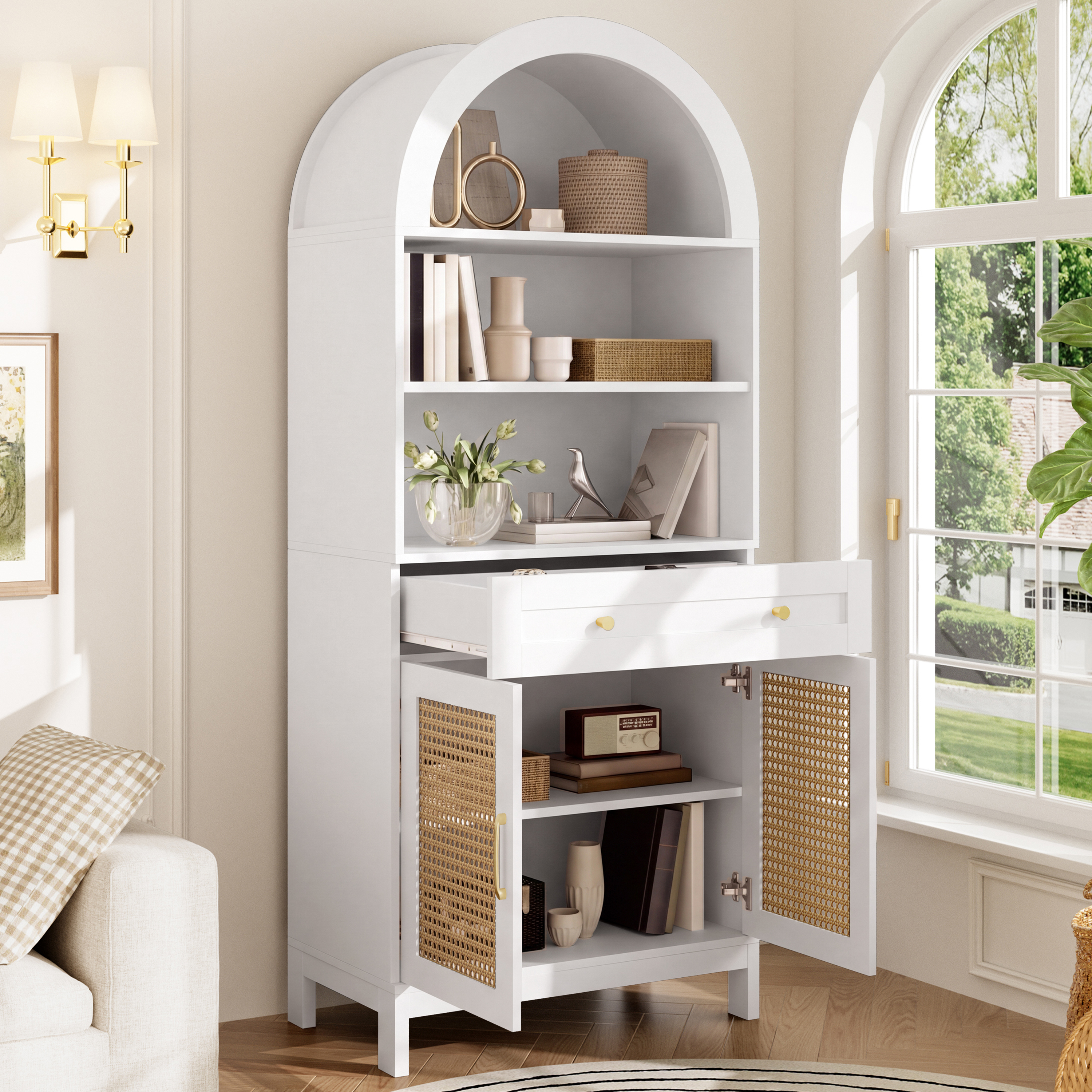 Vitrine moderne avec portes rotin et rangement blanc bois