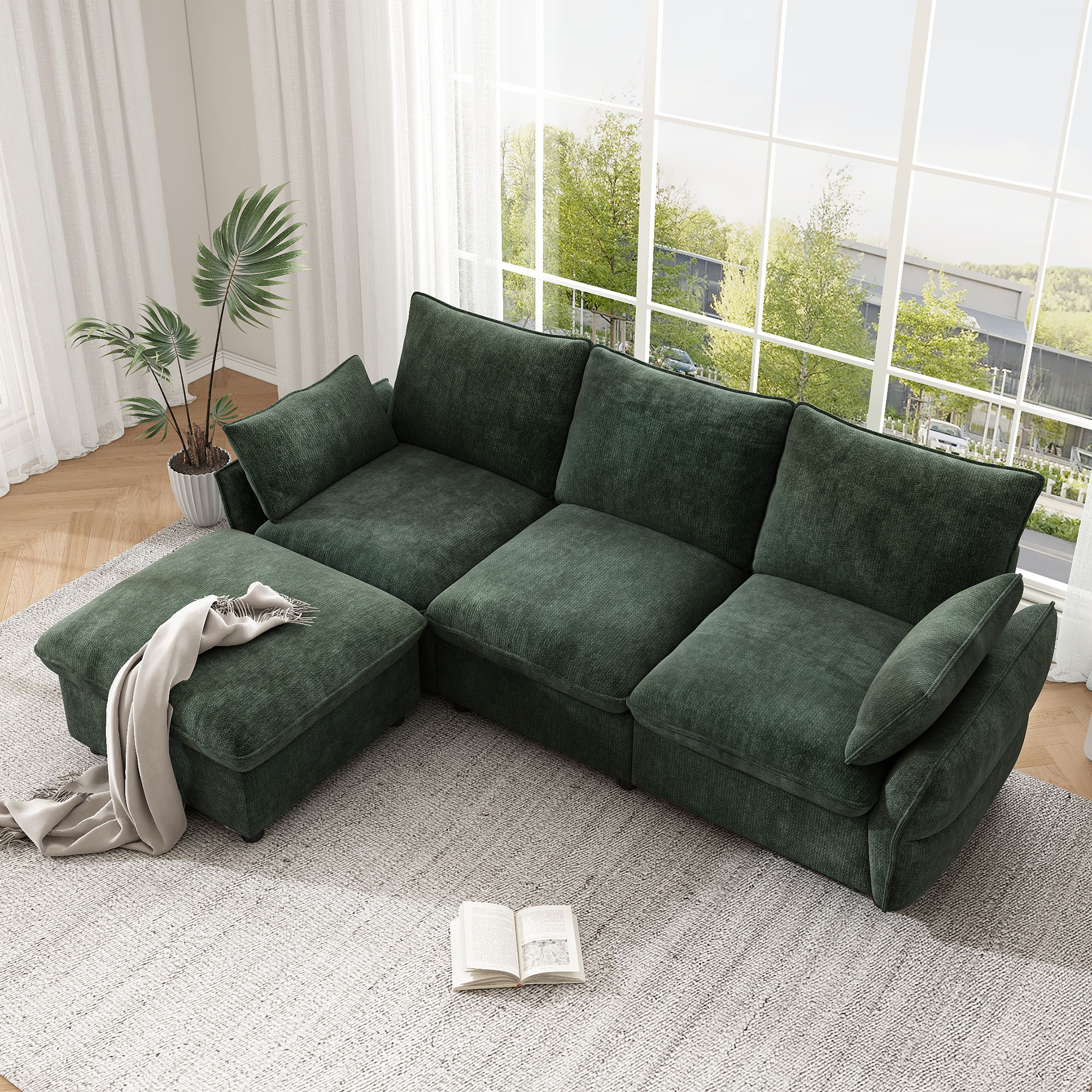 Canapé d'angle 3 places en chenille avec pouf - vue 2