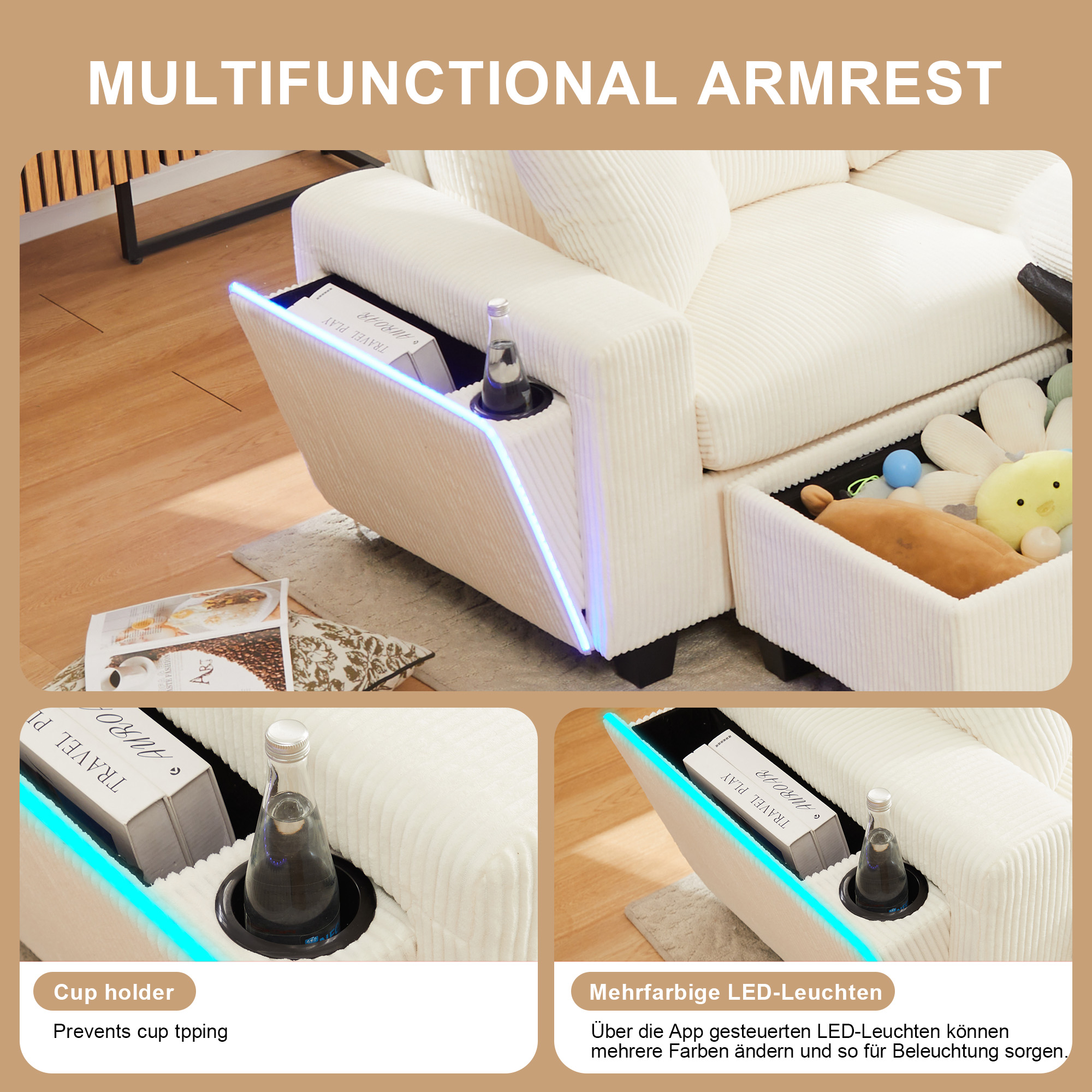 Accoudoir avec LED et porte-gobelet
