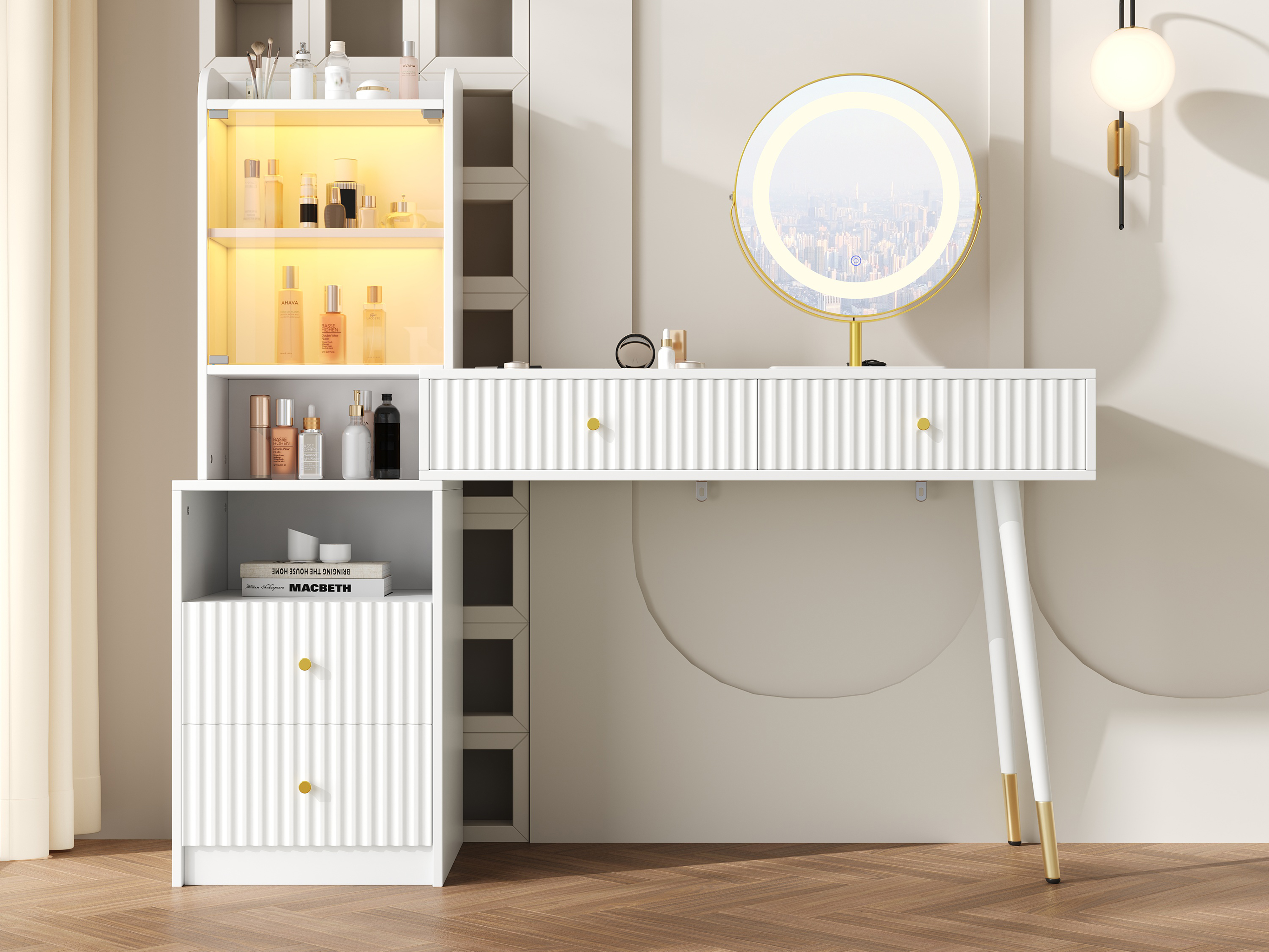 Coiffeuse, avec tiroirs, éclairage led, éléments en verre, 100 x 40 x 125 cm, panneaux de particules et verre, blanc - vue 4