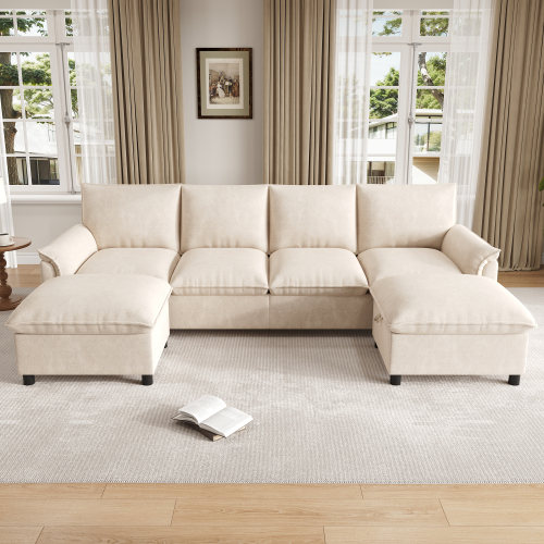 Canapé d’angle beige avec assises rembourrées