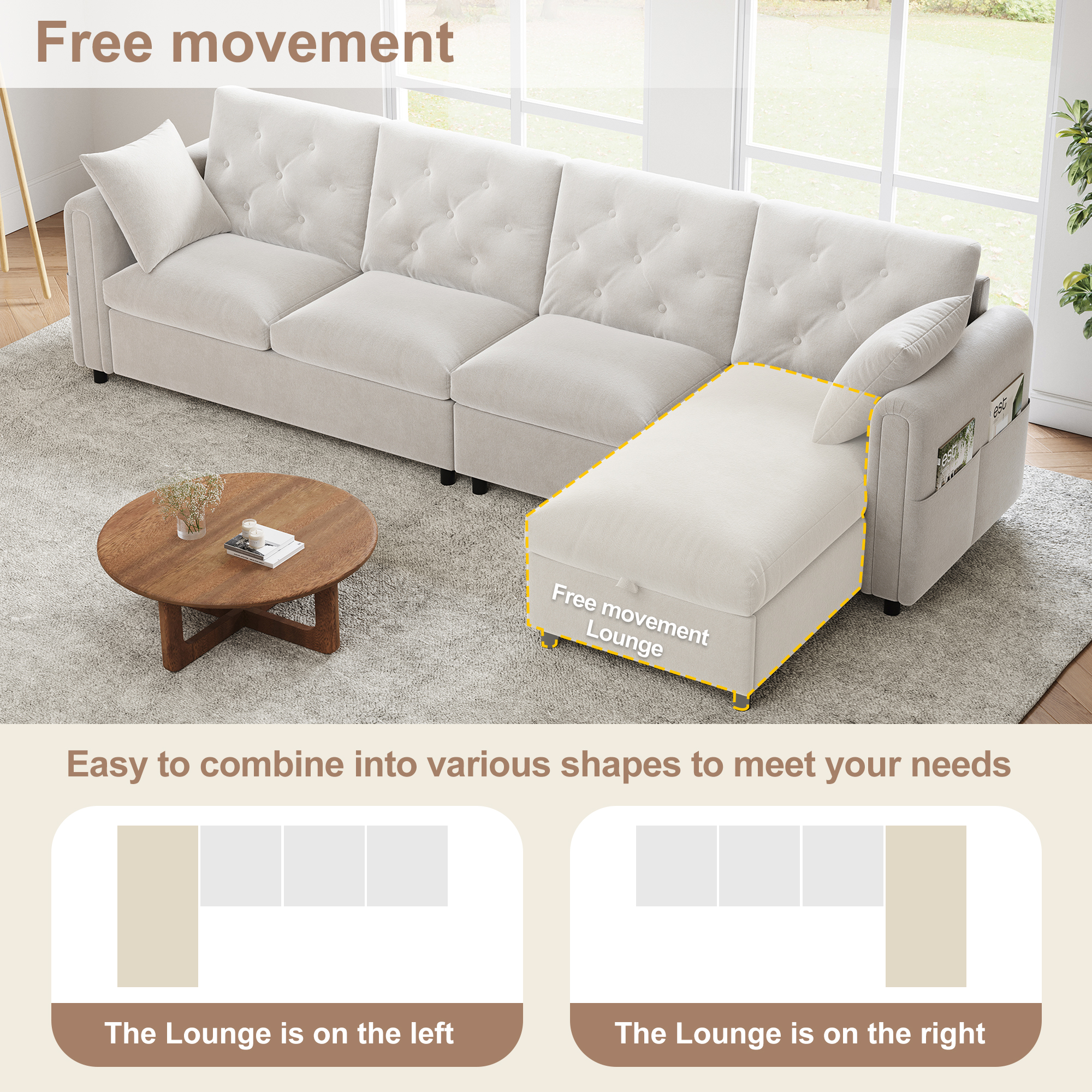 Canapé d’angle modulable 4 places 281 x 132 x 86 cm canapé en L avec méridienne, avec rangement, velours, Beige - spécifications 1