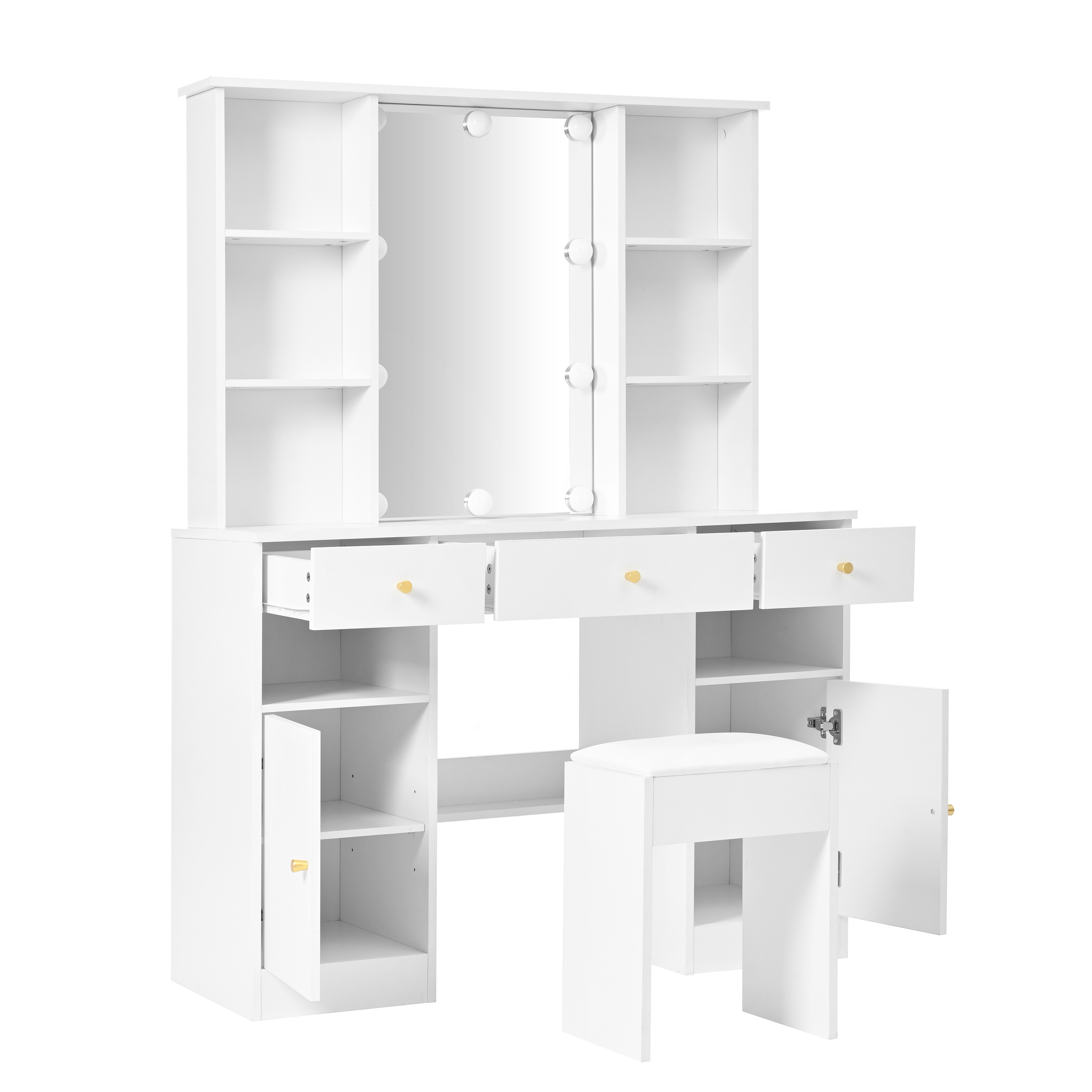 Coiffeuse Hollywood avec 10 ampoules LED 3 températures, miroir 45×60 cm, 4 étagères ouvertes, 3 tiroirs, 2 portes, beaucoup de rangement, bois résistant, pour maquillage et coiffure à domicile - image 5