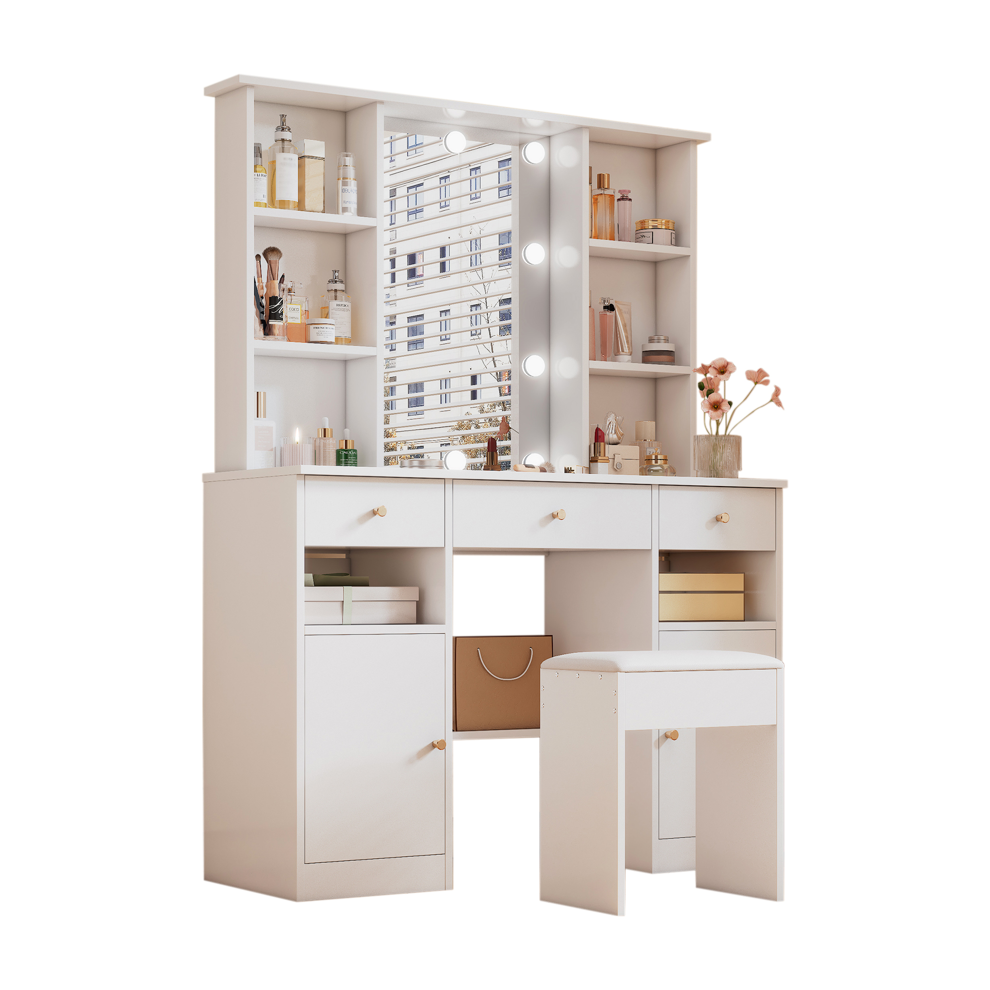 Coiffeuse, avec tiroirs, éclairage led, 110 x 40 x 151 cm, panneaux de particules, blanc - vue 1