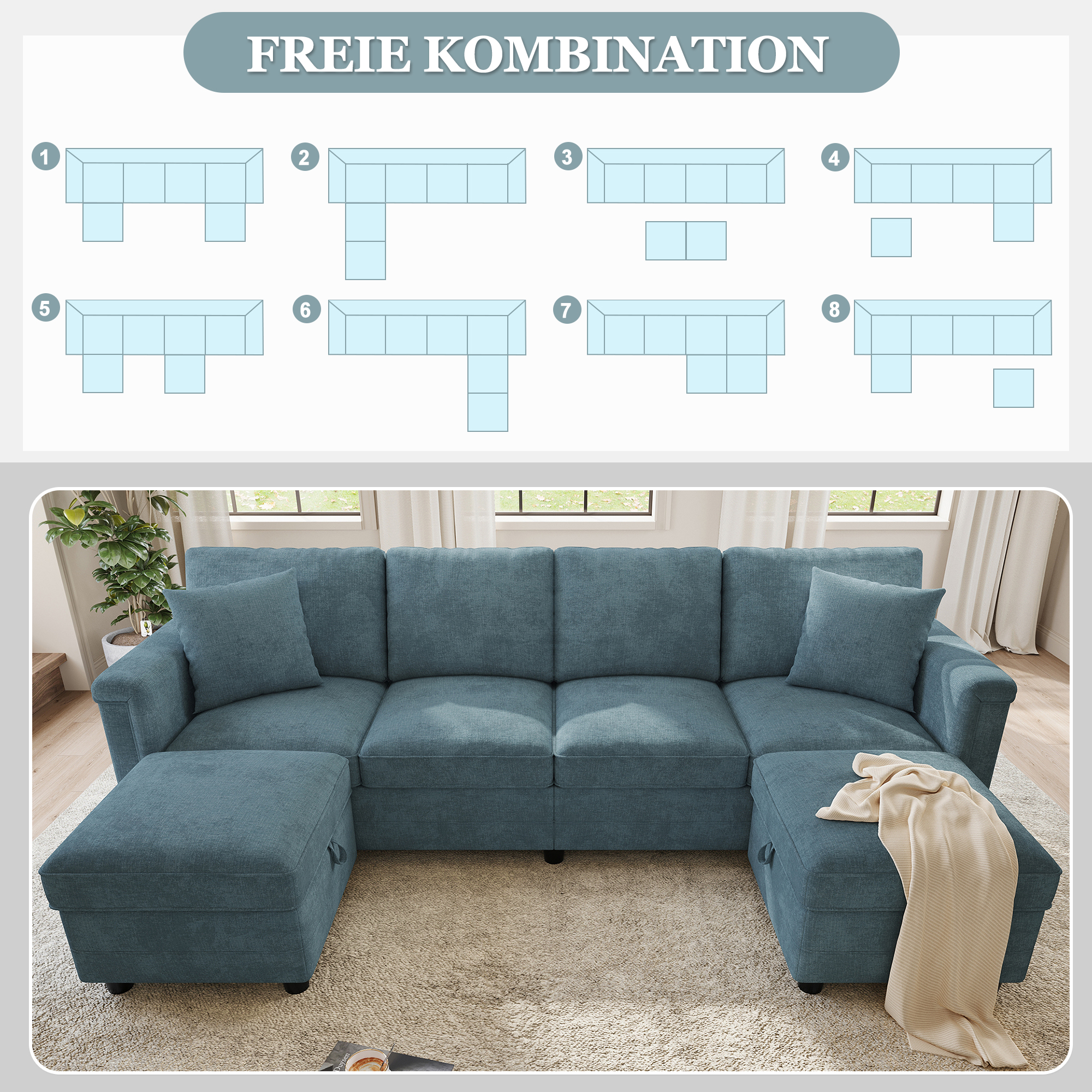 Canapé modulable bleu en chenille avec poufs multifonctionnels