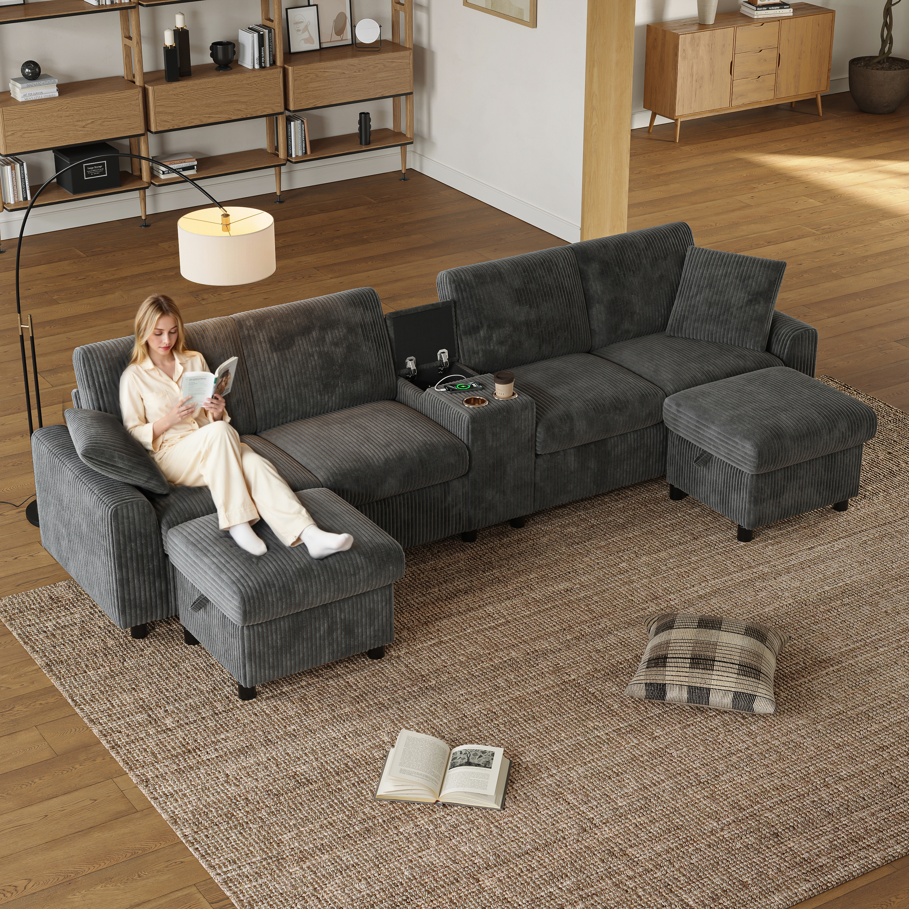 U-förmiges Sofa aus Corduroy, inklusive 2 Fußhocke