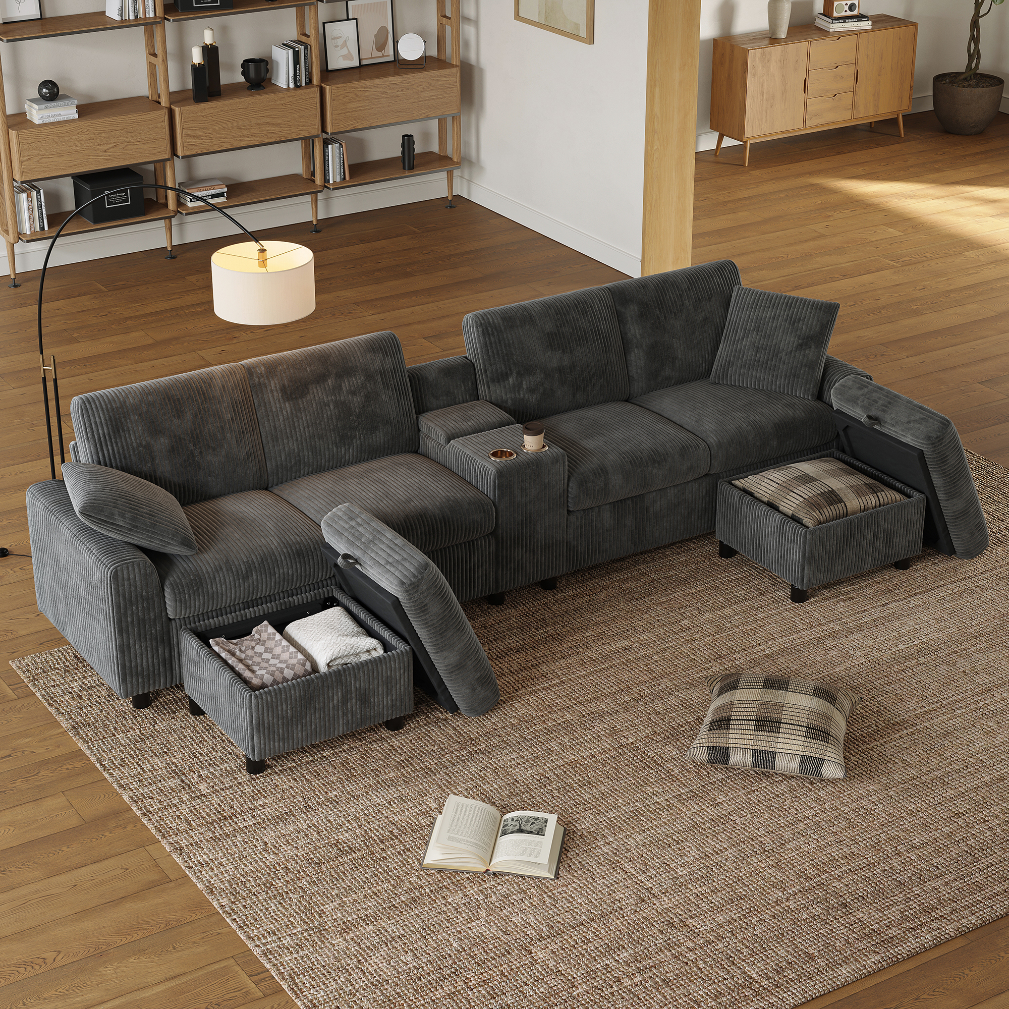 Canapé en U en velours côtelé avec deux poufs et console - vue 4