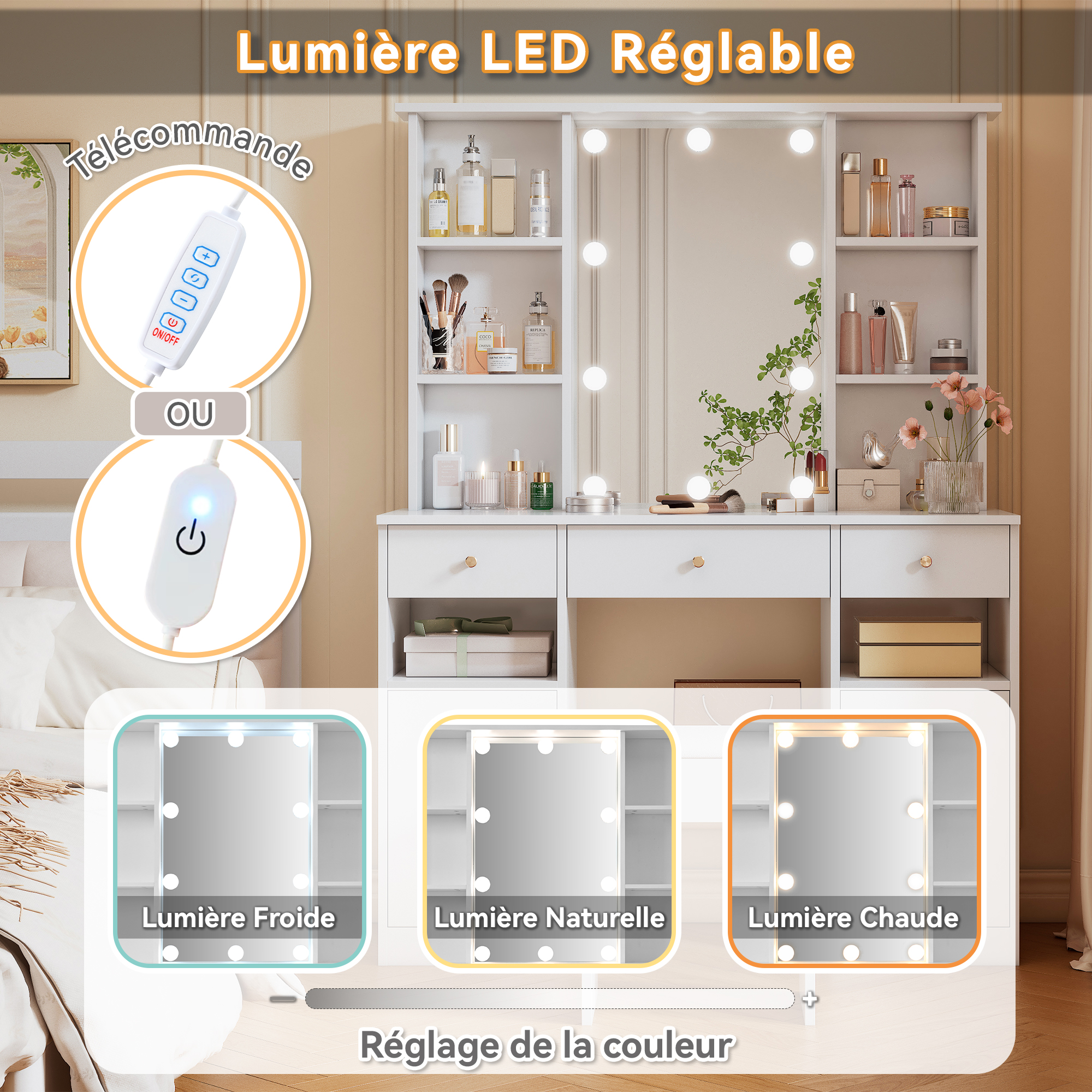 Coiffeuse Hollywood avec 10 ampoules LED 3 températures, miroir 45×60 cm, 4 étagères ouvertes, 3 tiroirs, 2 portes, beaucoup de rangement, bois résistant, pour maquillage et coiffure à domicile - image 15