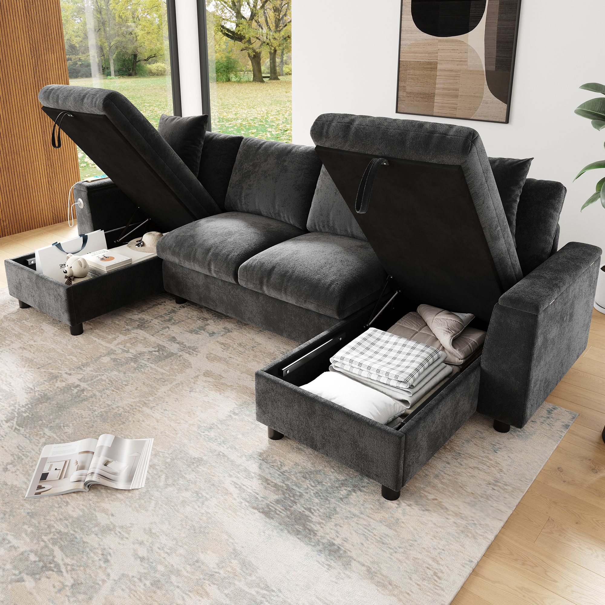 Canapé en U en chenille avec rangements, USB et USB-C - vue 5