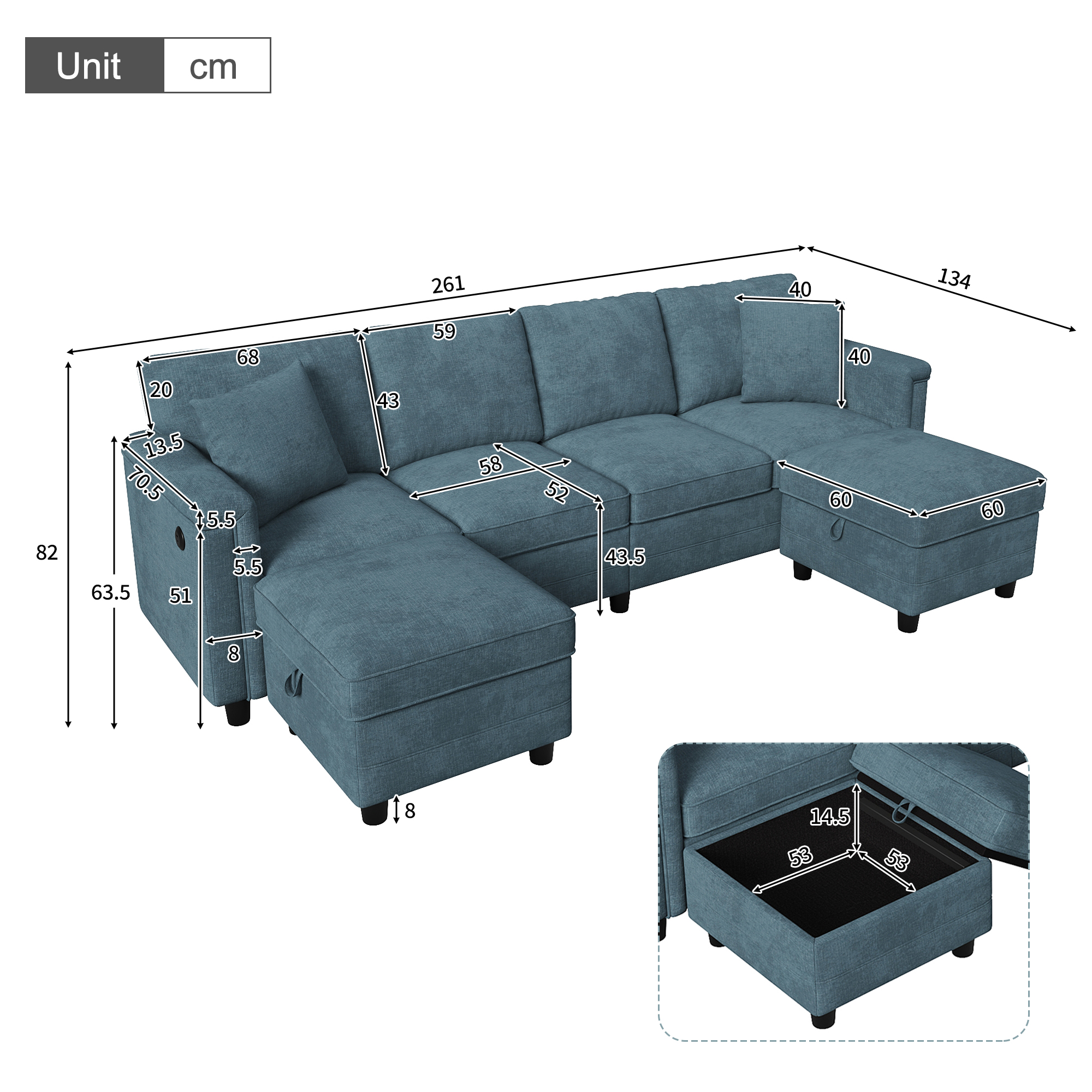 Détails du canapé modulable bleu avec rangement intégré et ports USB Type-C