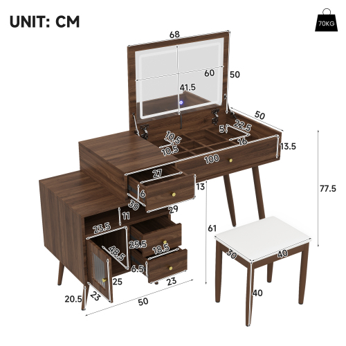 Dimensions de la coiffeuse bureau couleur noyer avec miroir LED