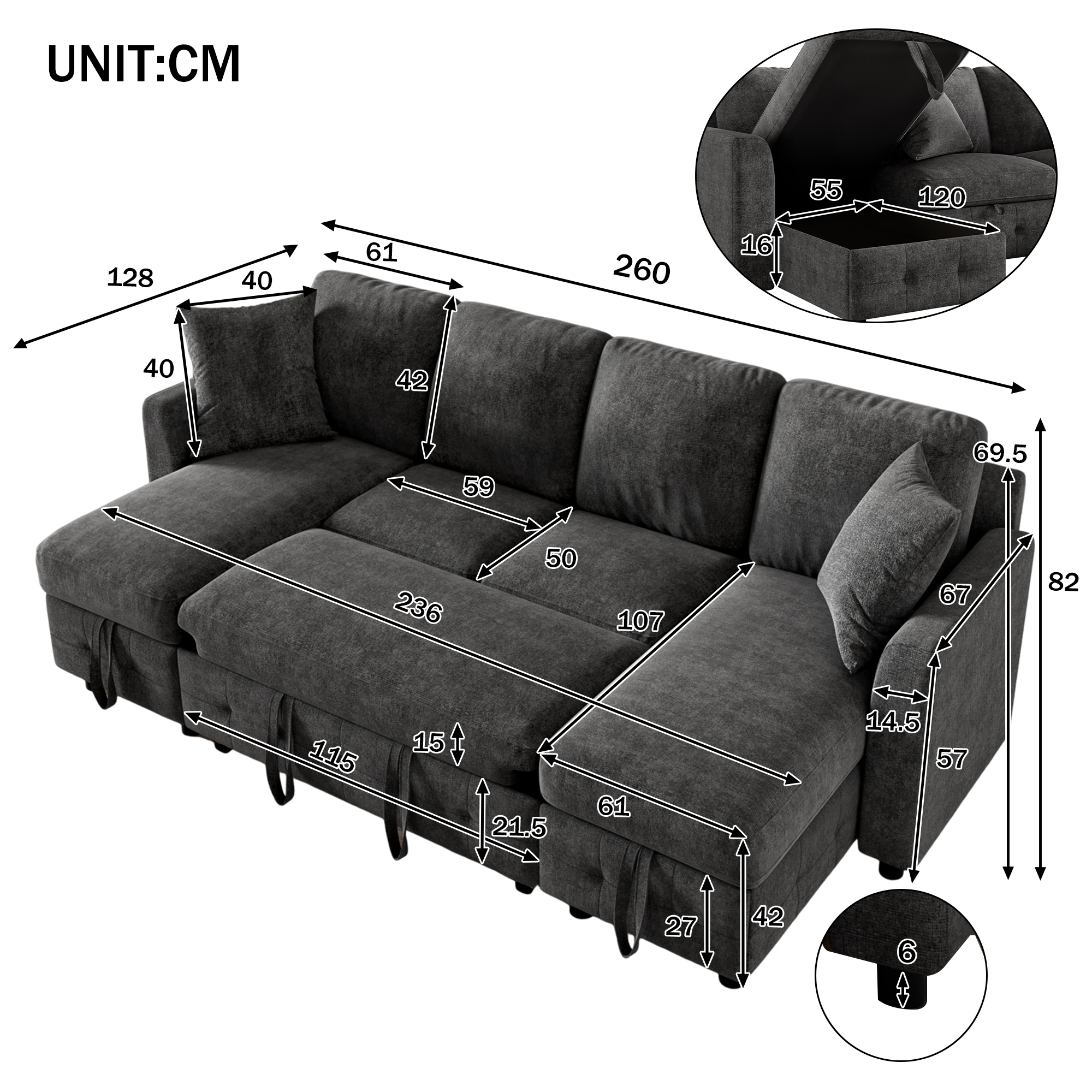 Canapé d’angle convertible en U 4 places en chenille avec rangement, USB/Type-C et porte-gobelets, Gris foncé, 260 x 128 x 82 cm - vue complémentaire 1