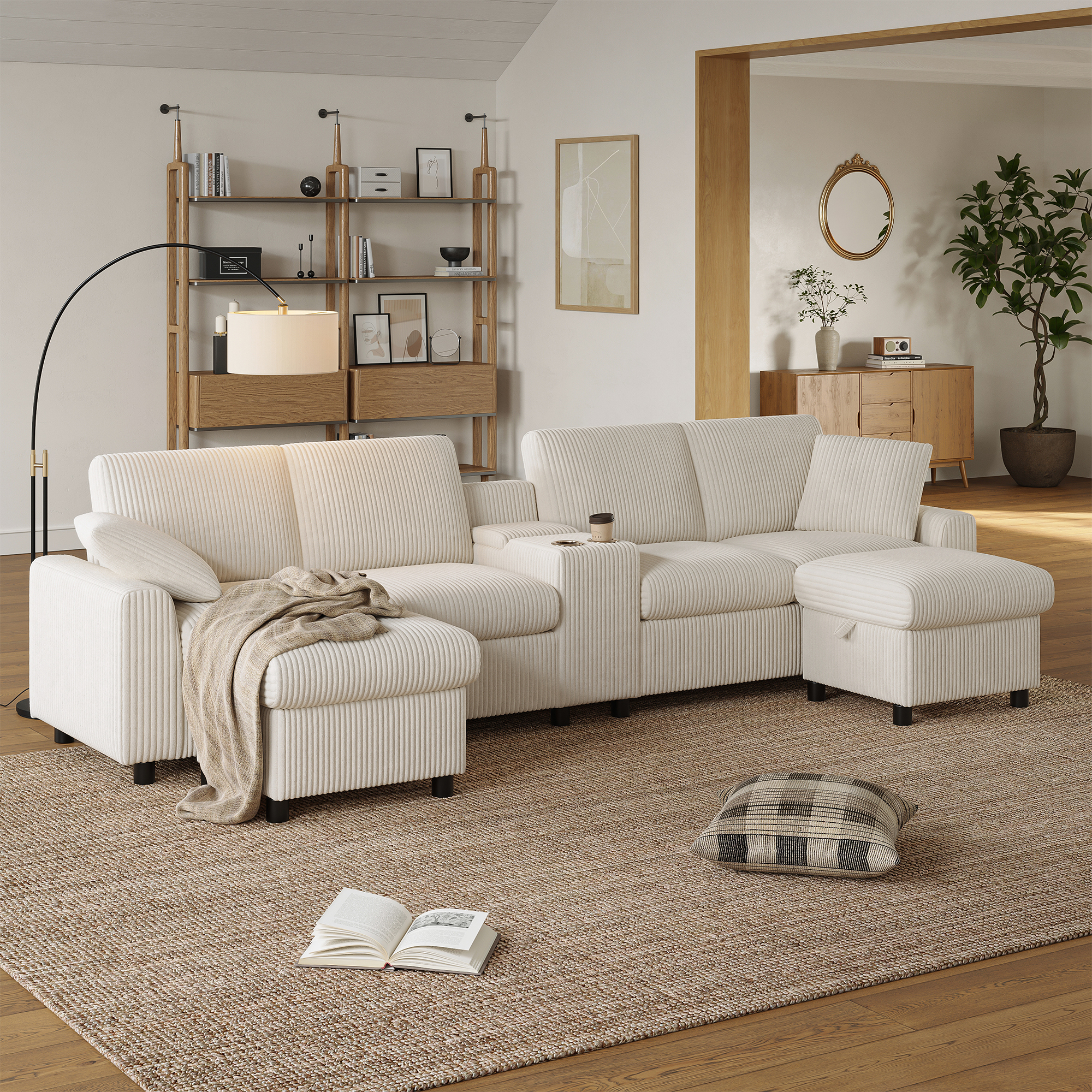 Canapé en U en velours côtelé avec deux poufs et console - vue 4