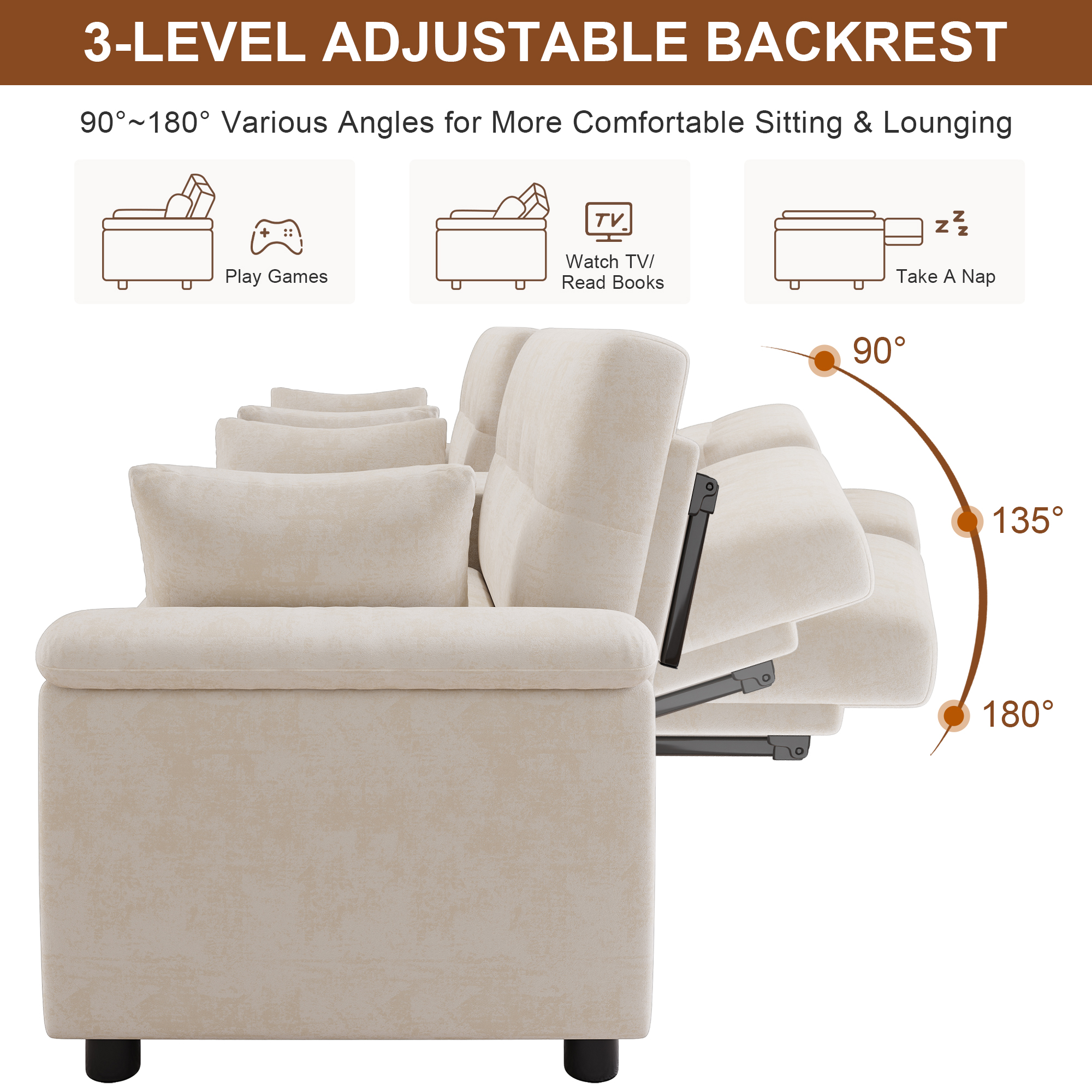 Canapé d’angle convertible en U 4 places en chenille avec rangement, USB/Type-C et porte-gobelets, Beige, 284 x 138 x 89 cm - spécifications 1