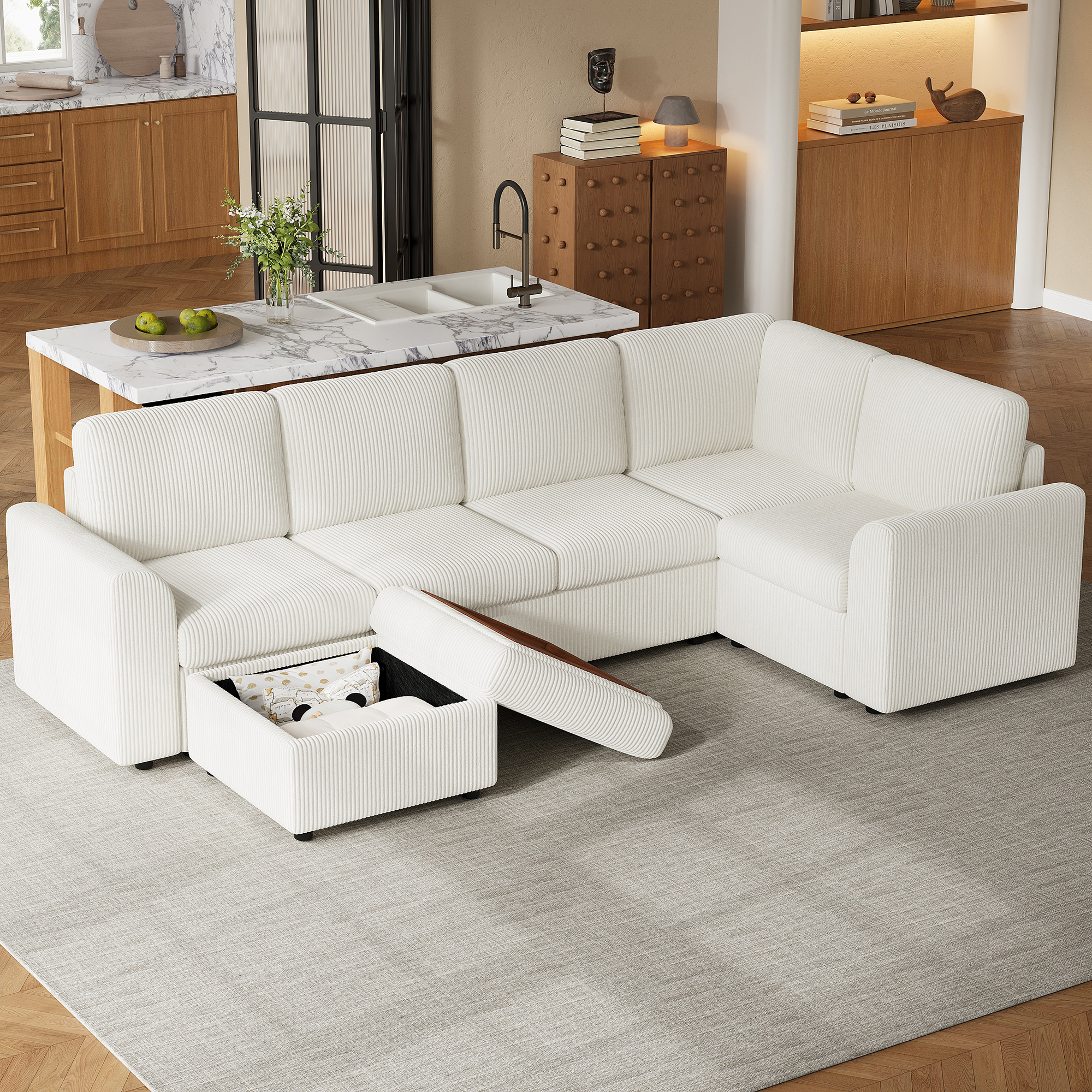 Canapé angle L 6 places beige velours côtelé pouf rangement
