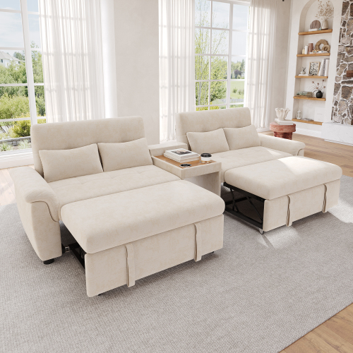 Canapé d’angle beige en chenille convertible