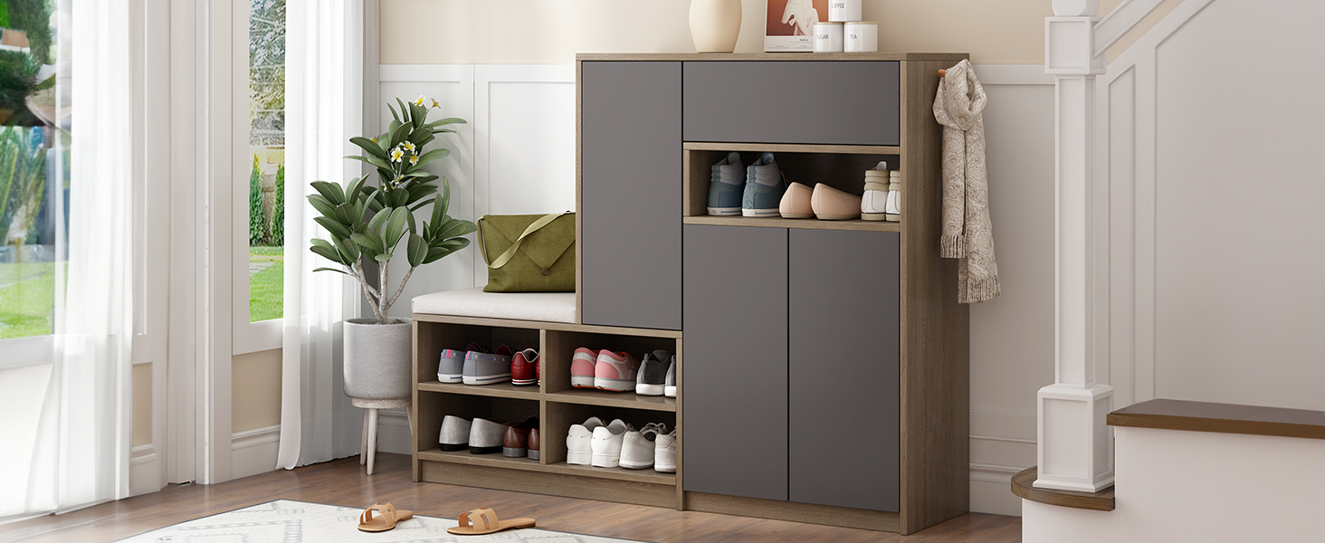 Meuble à chaussures gris avec banc et coussin