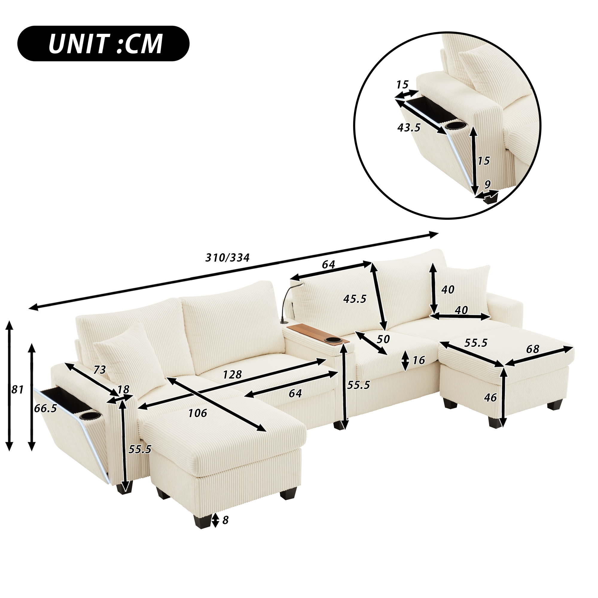 Canapé en U 4 places 334x128,5x81 cm avec LED, USB Type-C, rangements en velours côtelé beige - points forts 1