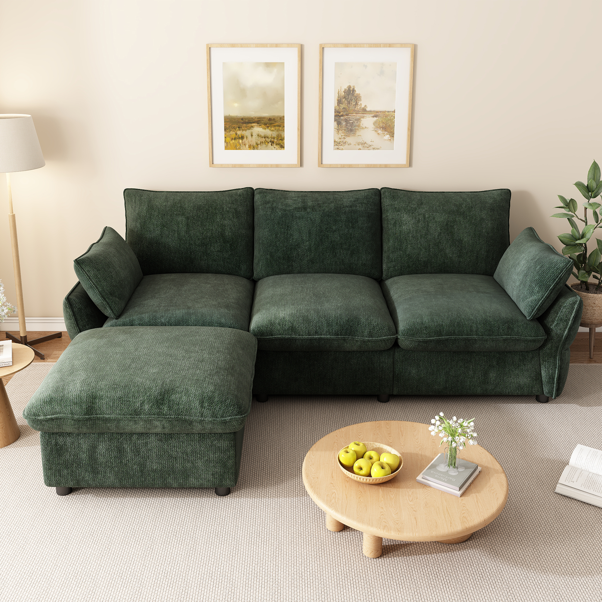 Canapé d’angle en L 3 places en chenille avec pouf, Vert foncé, 222,5 x 154,5 x 76,5 cm - vue principale 1
